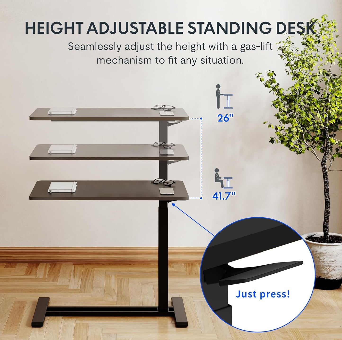 FLEXISPOT Height Adjustable C Table with Wheels, Mobile Snack Side End Table Sofa Couch Bedside Table Laptop Rolling Cart TV Tray Night Stand Small Space Side Table,(27.6" W x 15.7" D,Black)