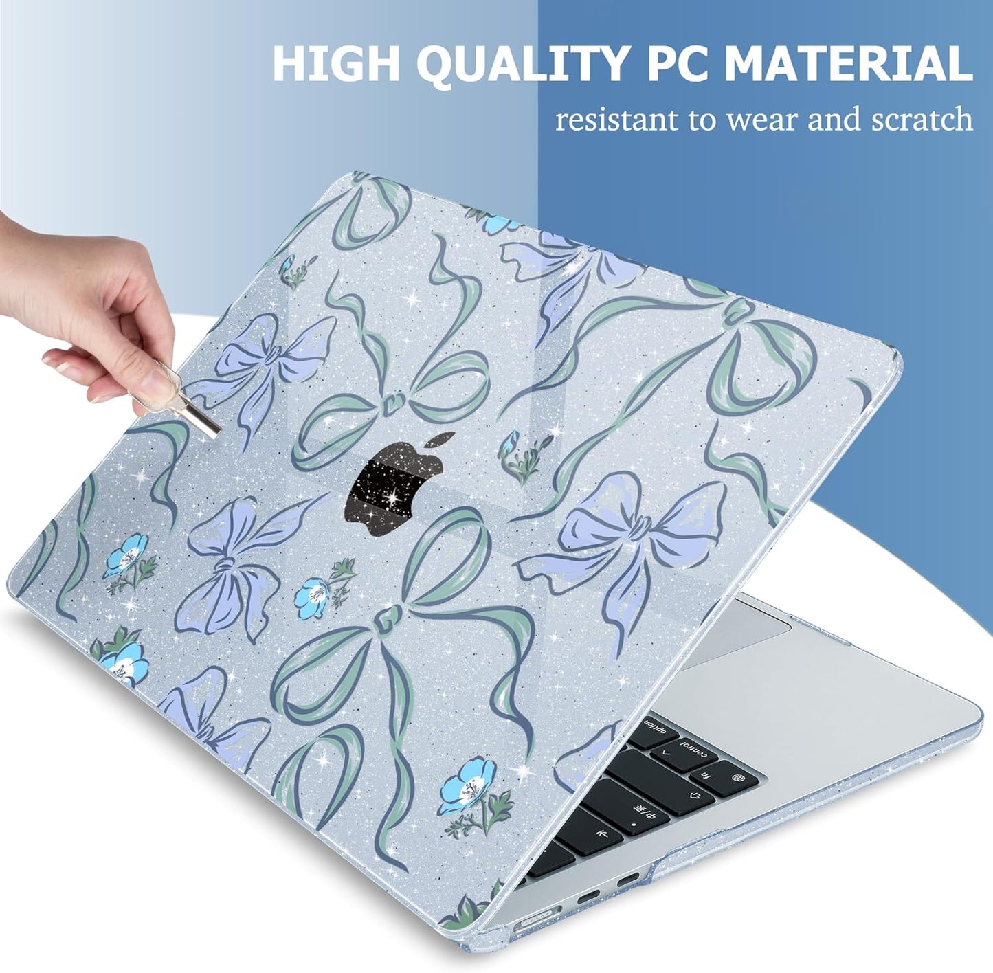 Mektron for 2025 MacBook Air 15 inch M4 Case A3241/ 2024 M3 A3114/ 2023 A2941 M2 Hard Printed Case with 15.3 Liquid Retina Display Touch ID, Plastic Hard Cover & Keyboard Skin- Bows C355-Glitter Blue