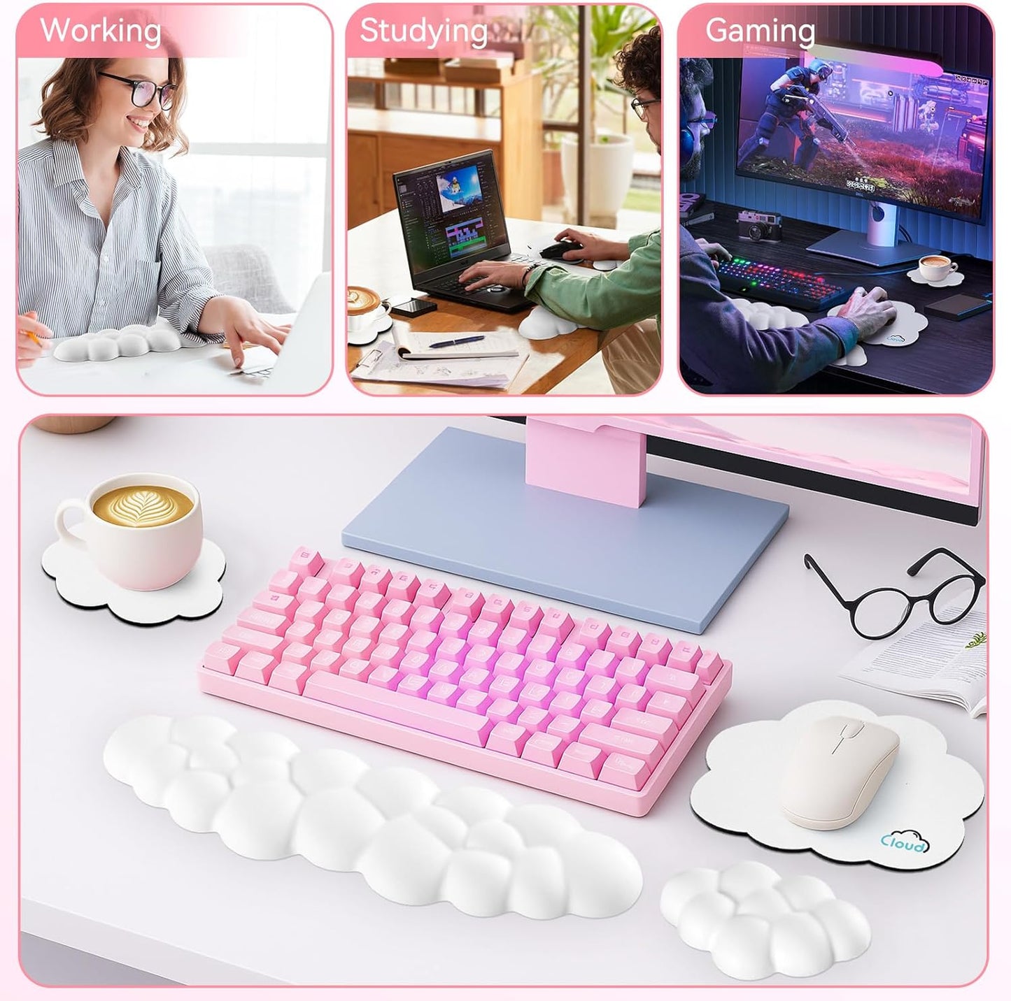 Cloud Wrist Rest for Computer Keyboard, 4-in-1 Memory Foam Leather Cloud Keyboard Wrist Rest and Mouse Pad Set with Ergonomic Support for Arm and Palm Cushion, Gaming/Work Setup, White