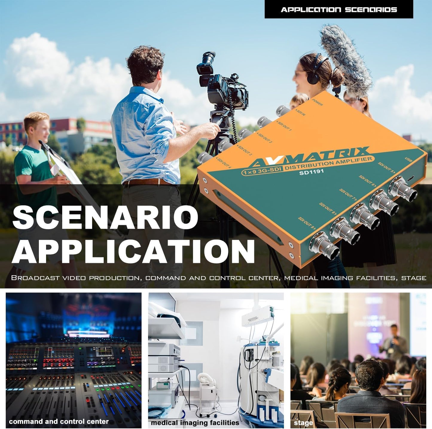 AVMATRIX SDI Splitter 1×9 Distribution Amplifier 3G/ HD/SD Supported DVB-ASI Formats, Re-clocking, Equalization, Signal Retiming 1080p @60hz (SD1191)