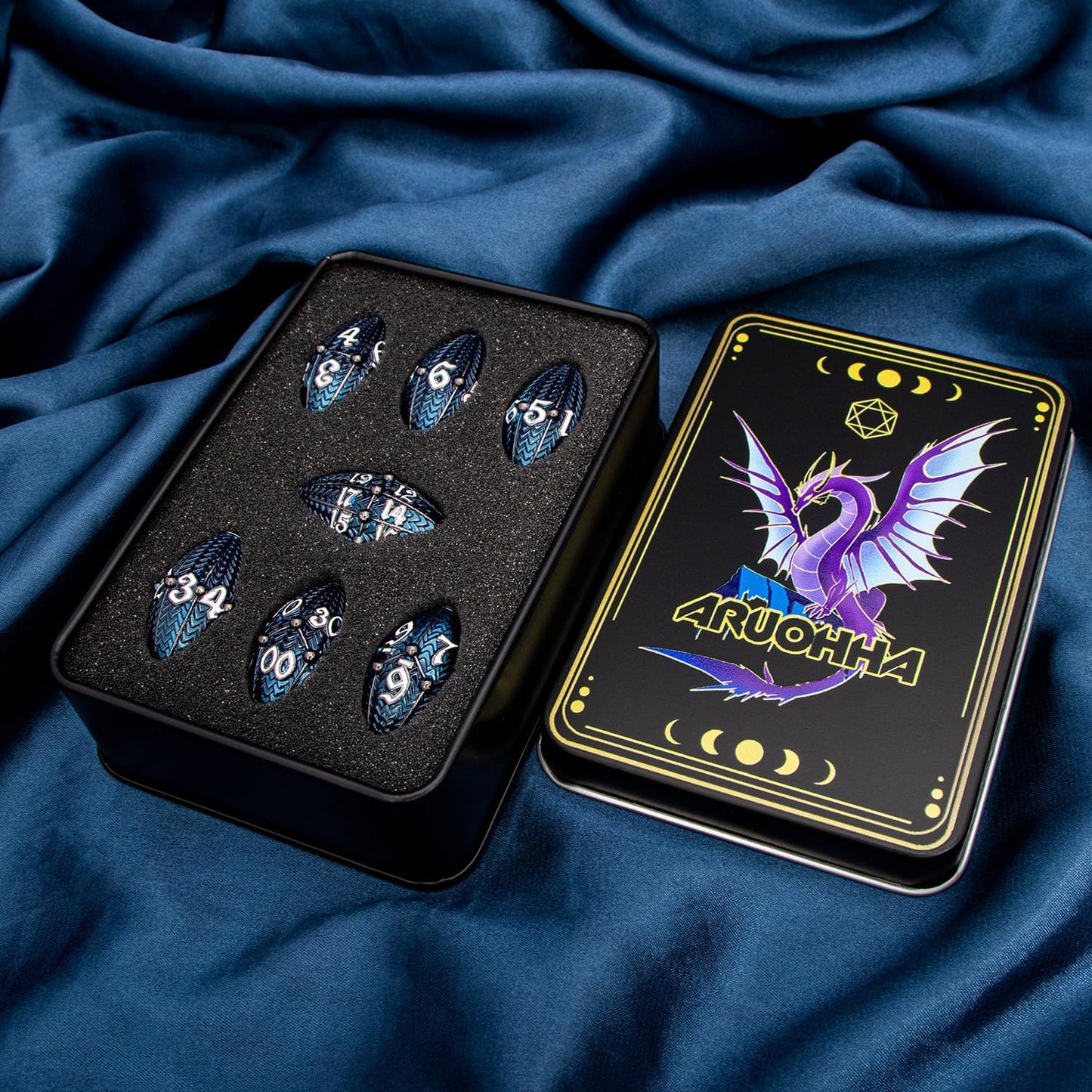 ARUOHHA DND Metal Dice Black Blue Dragon Egg Dice with Metal Box, Role Playing Game Polyhedral D and D Dice Set D20 D12 D10 D8 D6 D4