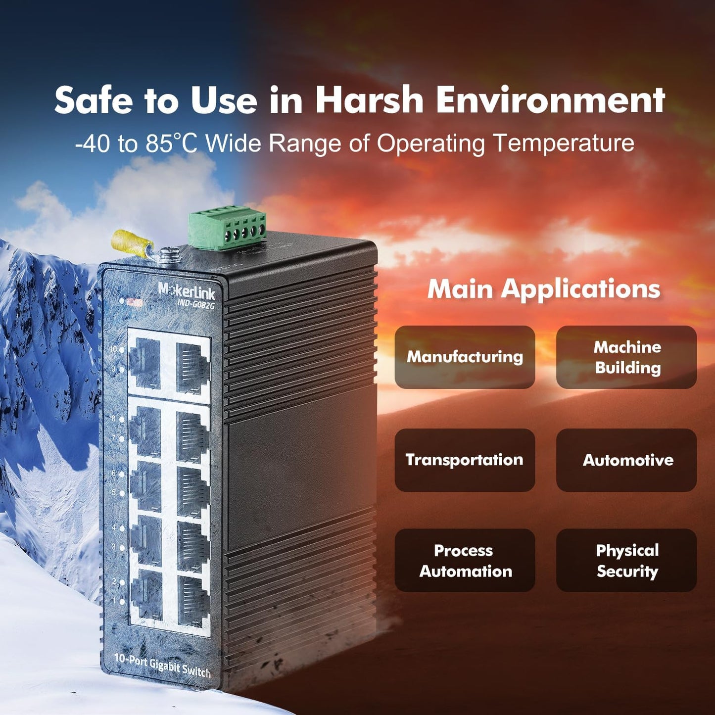 MokerLink 10 Port Gigabit Industrial DIN-Rail Ethernet Switch, Unmanaged IP40 Network Switch (-40 to 185°F), Mini Size, with Power Supply