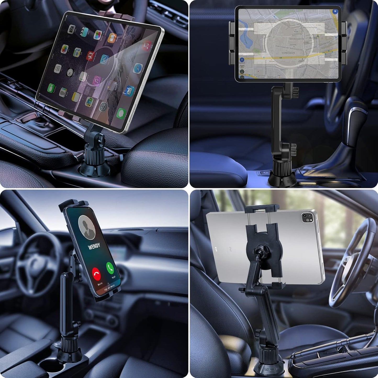 Cup Holder Car Tablet Mount for Truck, 360° Adjustable 15" Long 2-Arm Stand Holder for iPad Pro 12.9/11/10.5/9.7/Air/Mini 6/5/4, Samsung Galaxy Tab/Z Fold 6/5/4, iPhone 16/15/Pro, 4.7-12.9" Tab &Phone