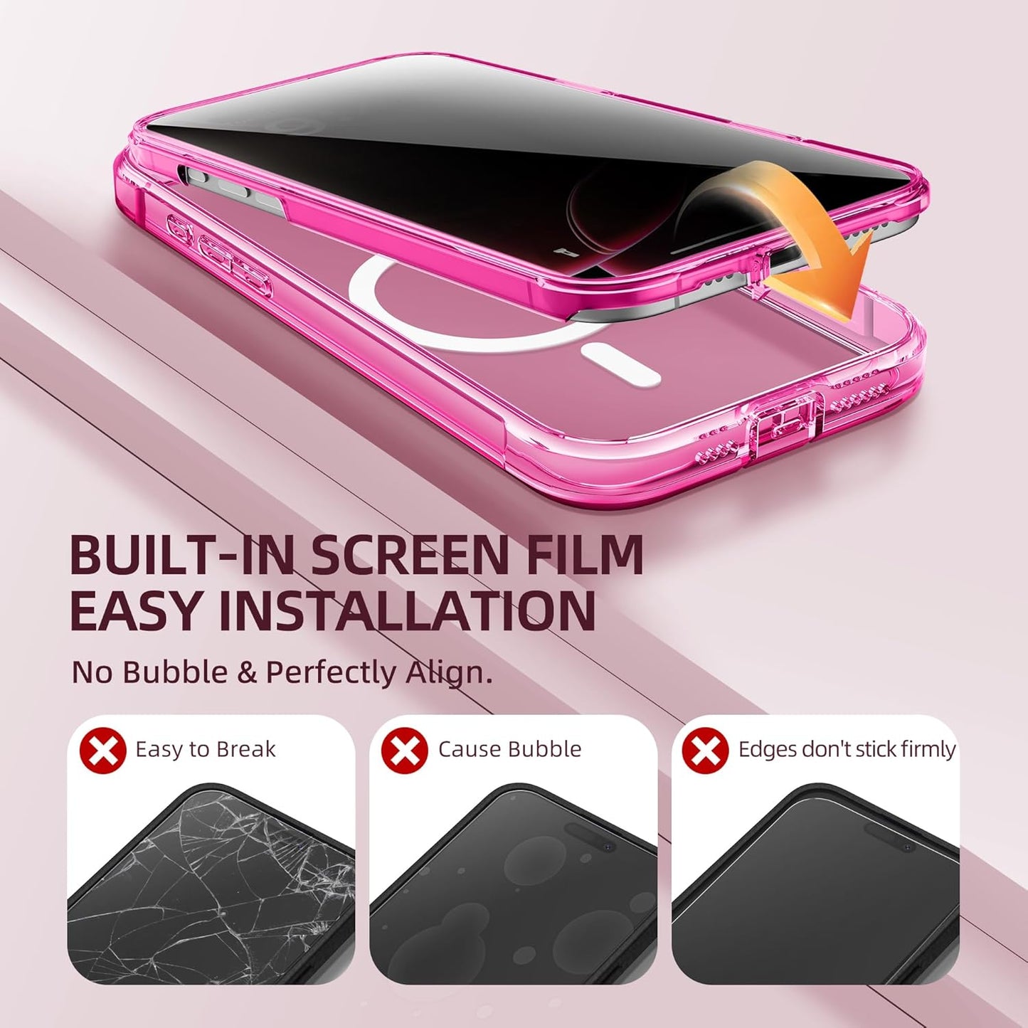 BERFY Magnetic for iPhone 16 Pro Case, Compatible with MagSafe, Built-in Privacy Screen Protector and Upgraded Camera Protection, Anti-Spy Full Body Shockproof Phone Case for 16 Pro 6.3", Bright Pink