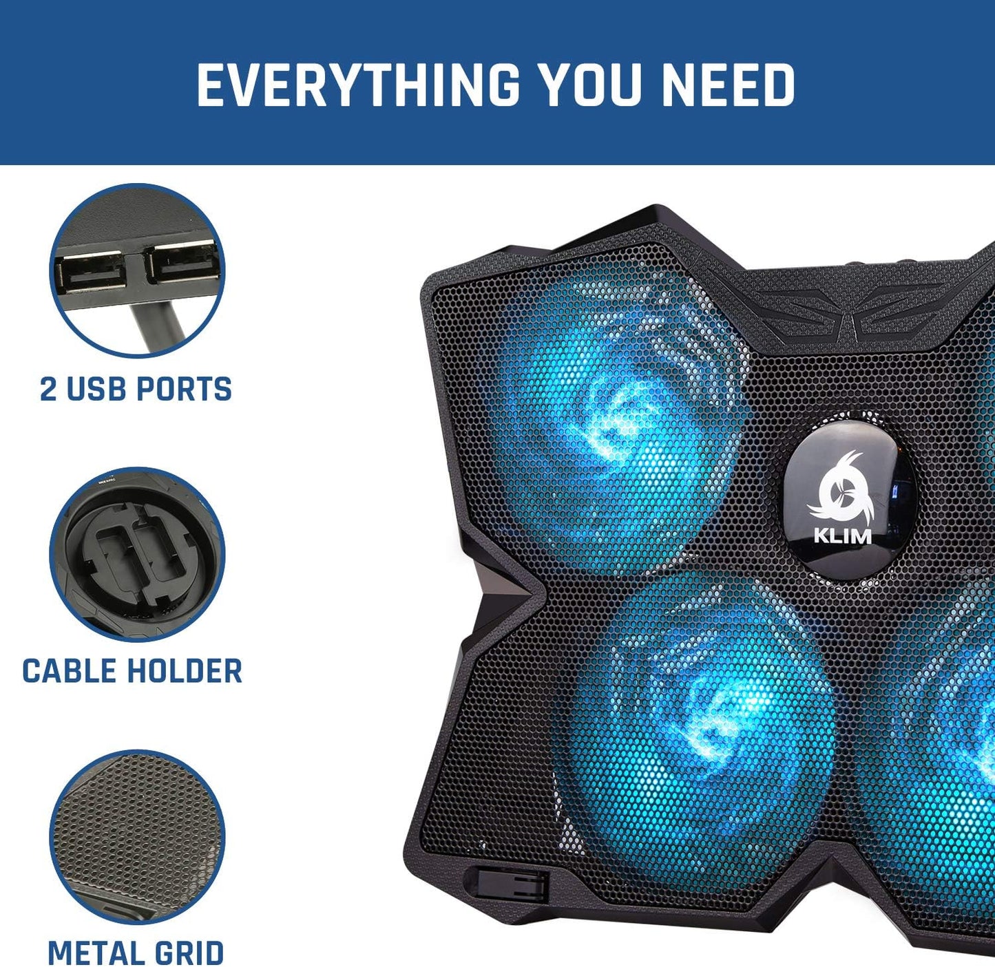 KLIM Wind Laptop Cooling Pad - More Than 500 000 Units Sold - New Version - The Most Powerful Rapid Action Cooling Fan - Laptop Stand with 4 Cooling Fans at 1200 RPM - USB Fan - PS5 PS4 - Cyan