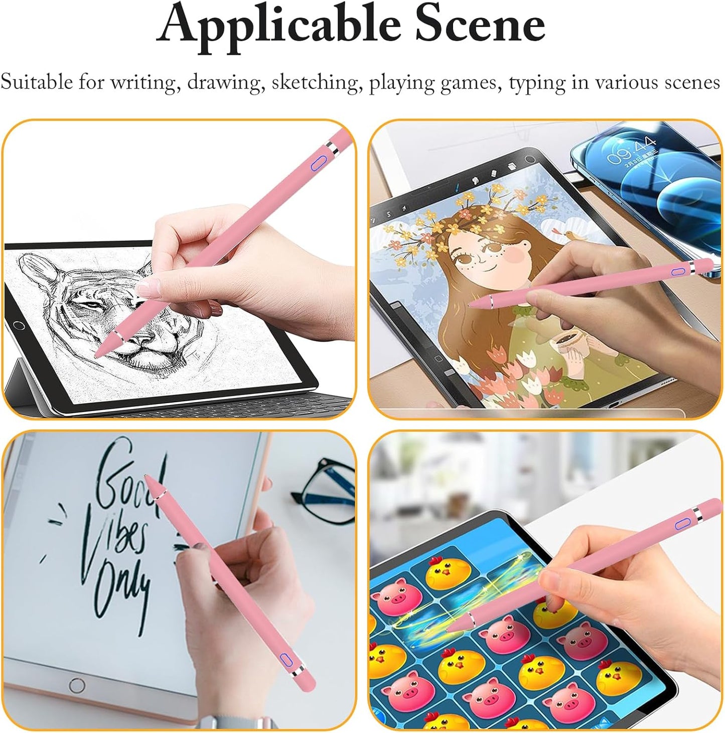 DOGAIN Active Stylus Pen for Touchscreen, iPad Pencil 1.5mm Fine Point Pen, Digital Pens Rechargeable for Tablet, Stylus Pens Compatible with iPad Air/Mini/Pro/Android/iPhone and Most Device - Pink