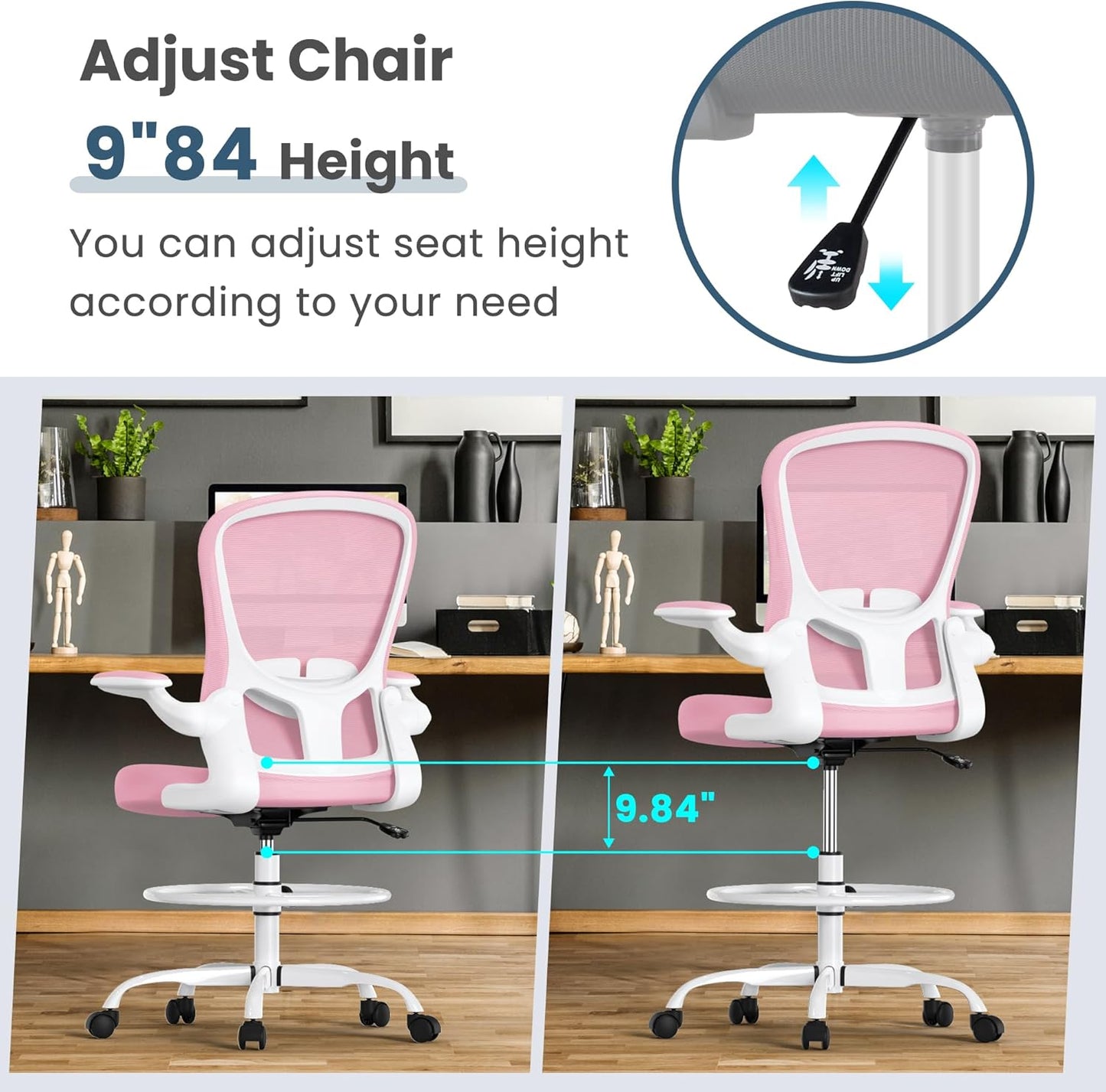 Drafting Chair, Tall Office Chair with Flip-up Armrests Executive Ergonomic Computer Standing Desk Chair, Office Drafting Chair with Lumbar Support and Adjustable Footrest Ring