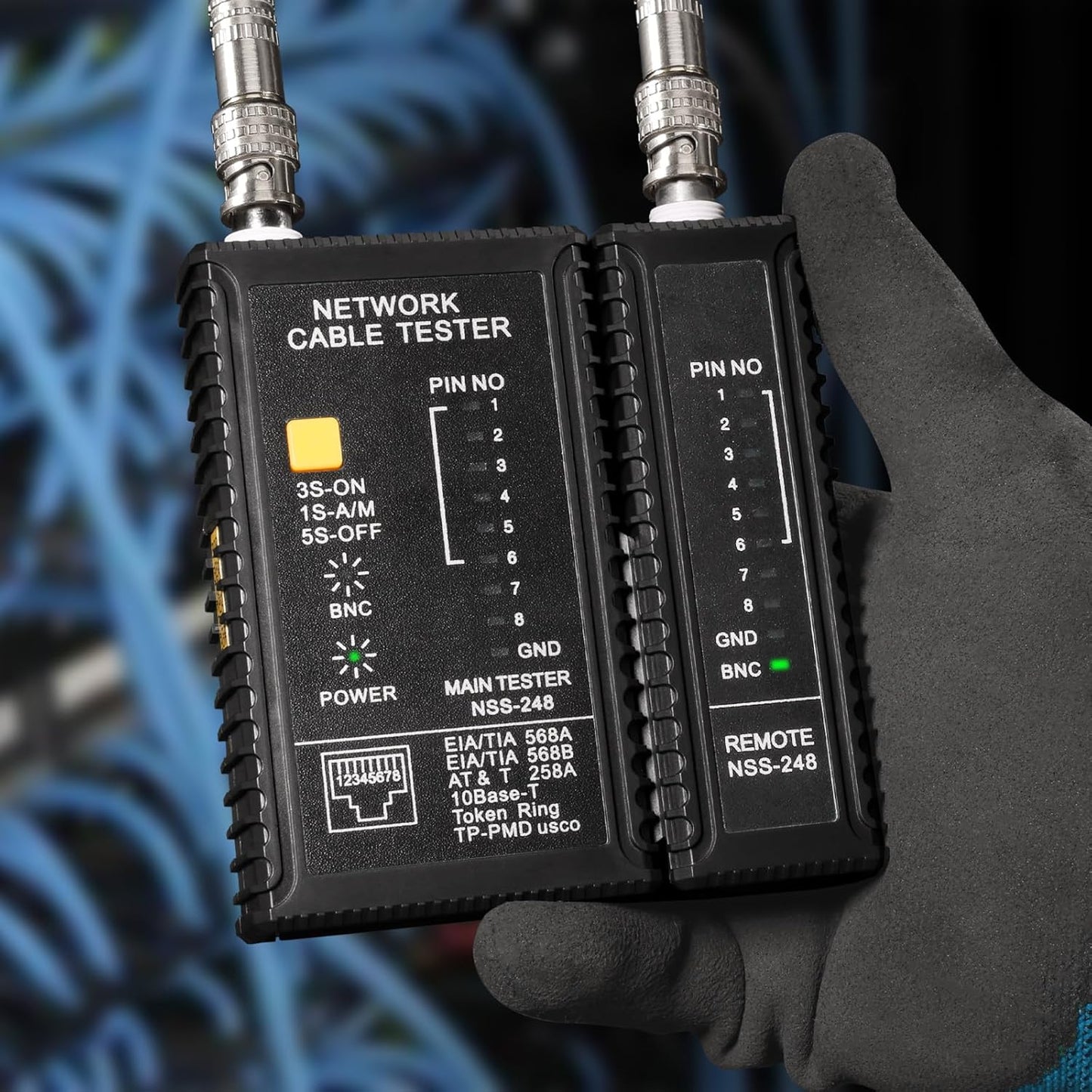 Dual-Function Coaxial & RJ45 Network Cable Tester with 2-Pack BNC Male to F Female Adapters, CAT5/CAT6/Coax Continuity Checker (Battery Not Included)