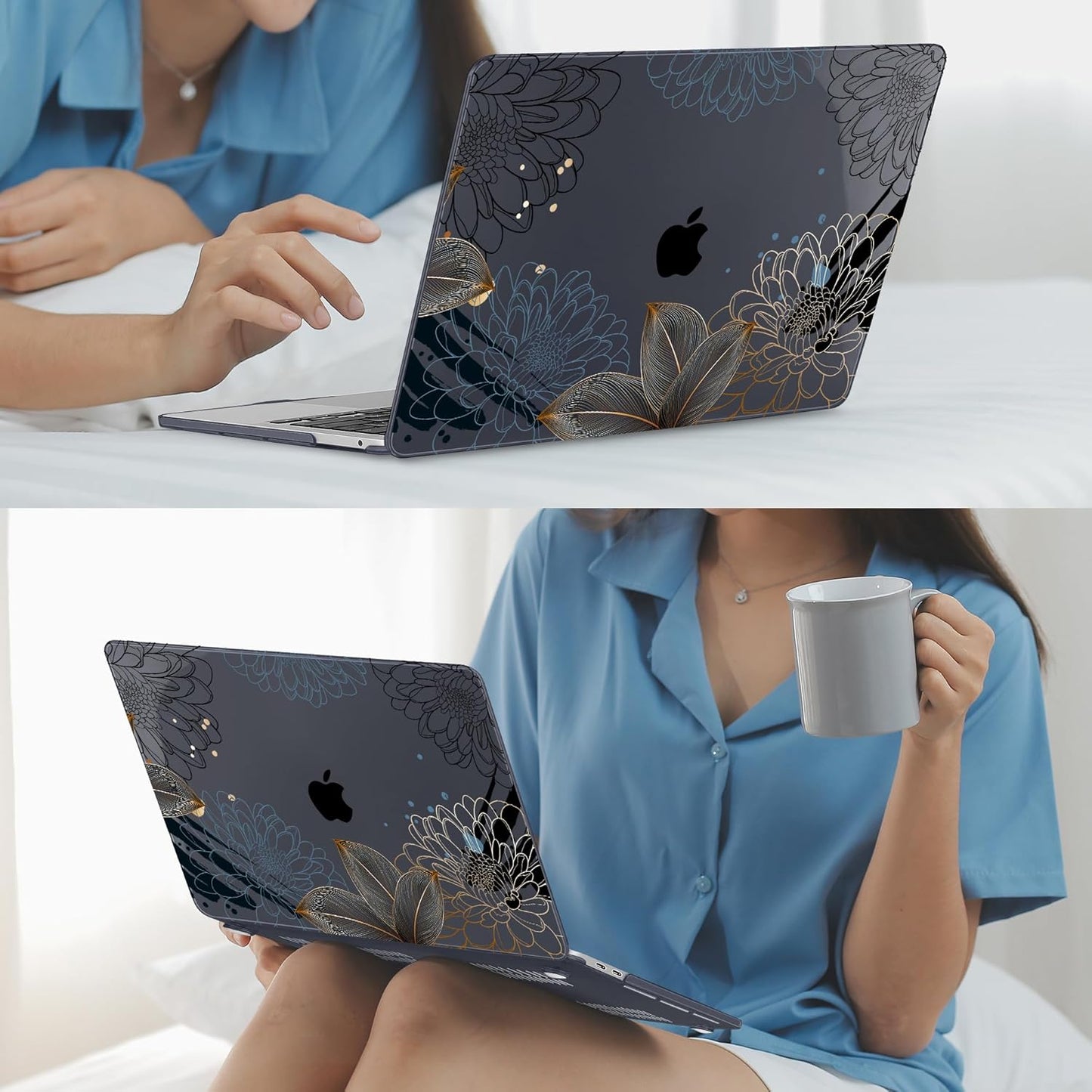 Mektron for MacBook Air 13 Case A1466/A1369 (2010-2017 Release), Snap-on Plastic Hard Shell Cover for MacBook Air 13.3 inch with Keyboard Cover, Line Chrysanthemums