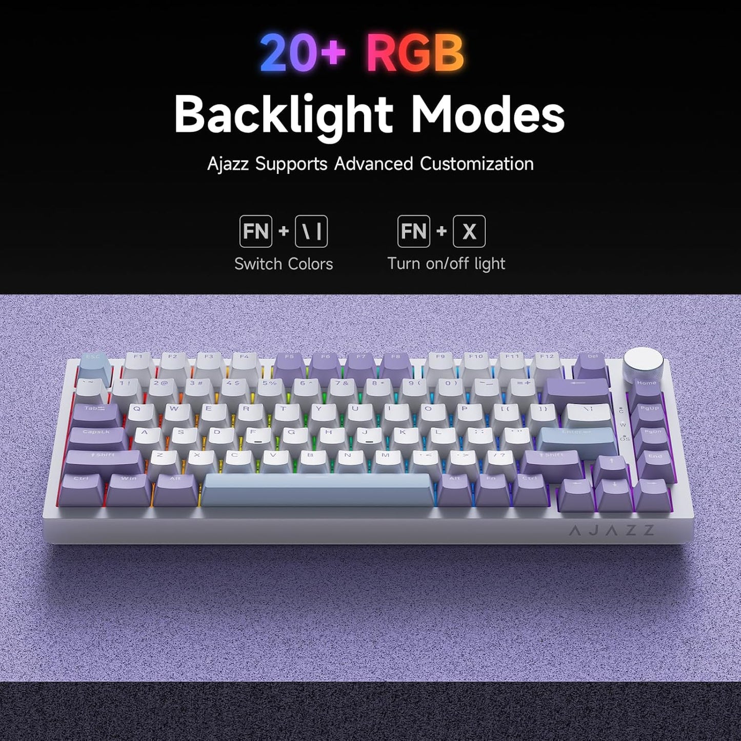 Ajazz AK820 75% Wired Gasket Mechanical Gaming Keyboard with Volume Knob - South Facing LED - Poron Foam - PBT Keycaps - Programmable RGB Hot Swap Keyboard