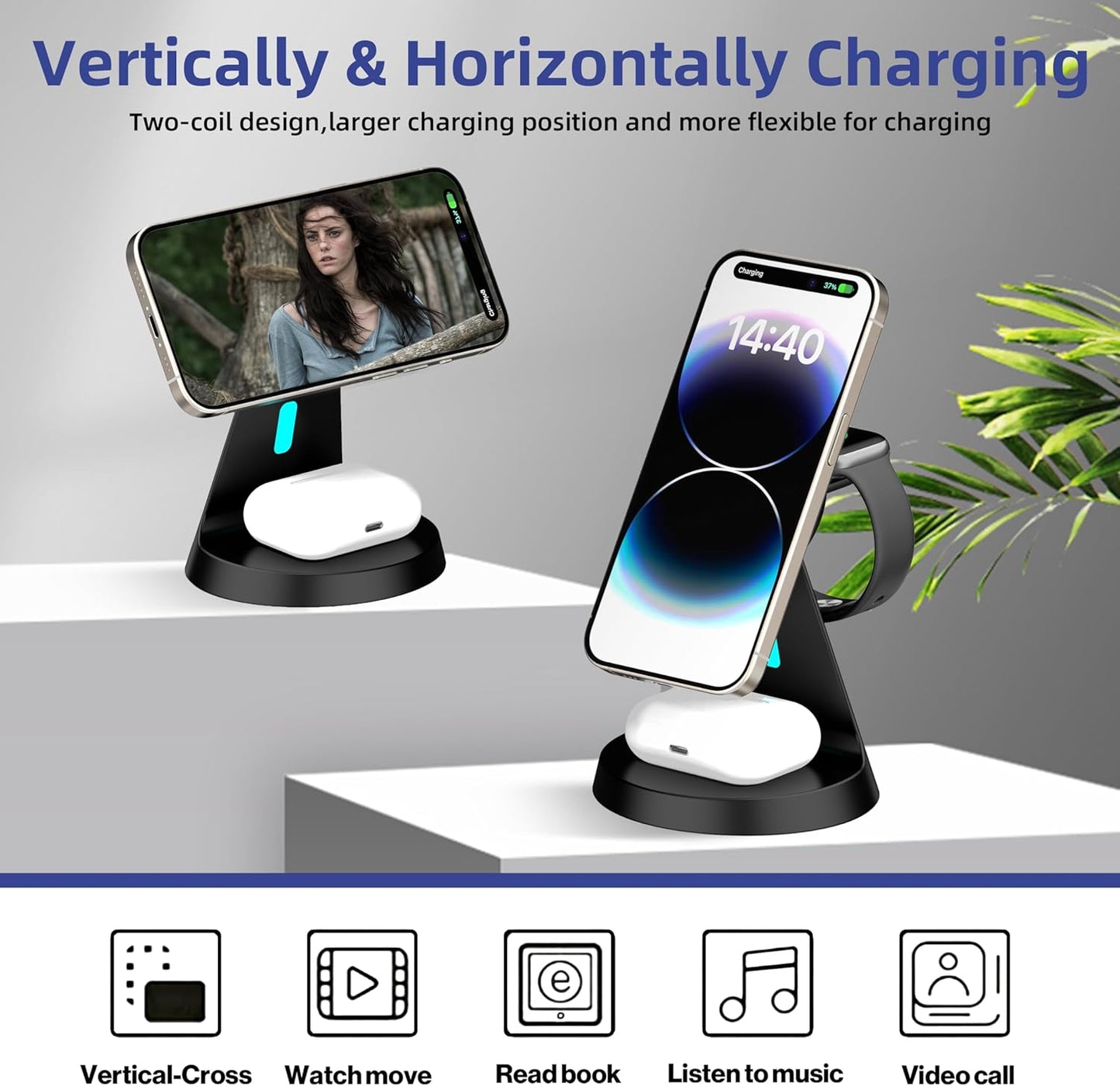 2025 New Magnetic Wireless Charger for Samsung & Apple Devices, 3 in 1 Charging Station Magnetic Charger Stand simultaneously Compatible with Samsung and Apple Series.