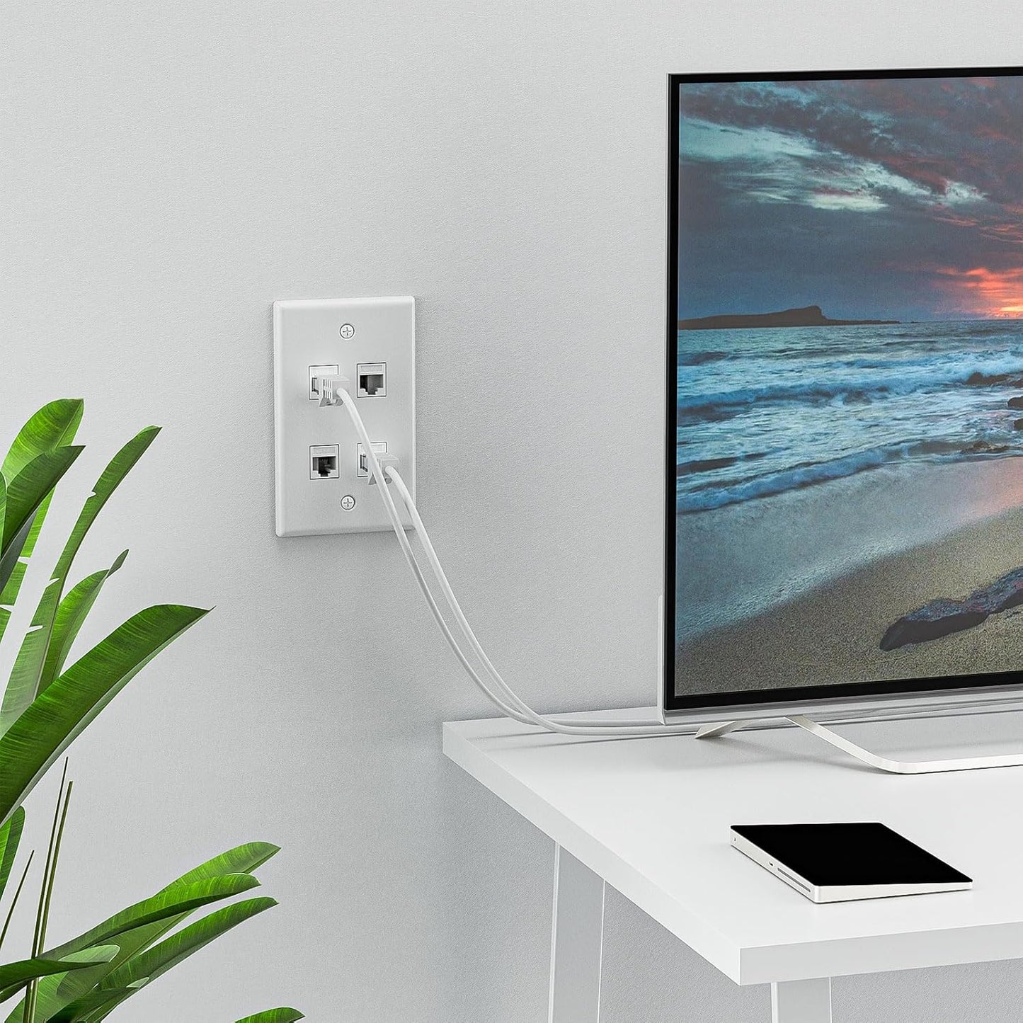 FGB 4-Port Keystone Wall Plate, with Low Voltage Mounting Bracket, with Single Gang Decorator Wall for RJ45, HDMI, and Coax Keystone Inserts, White, 10-Pack