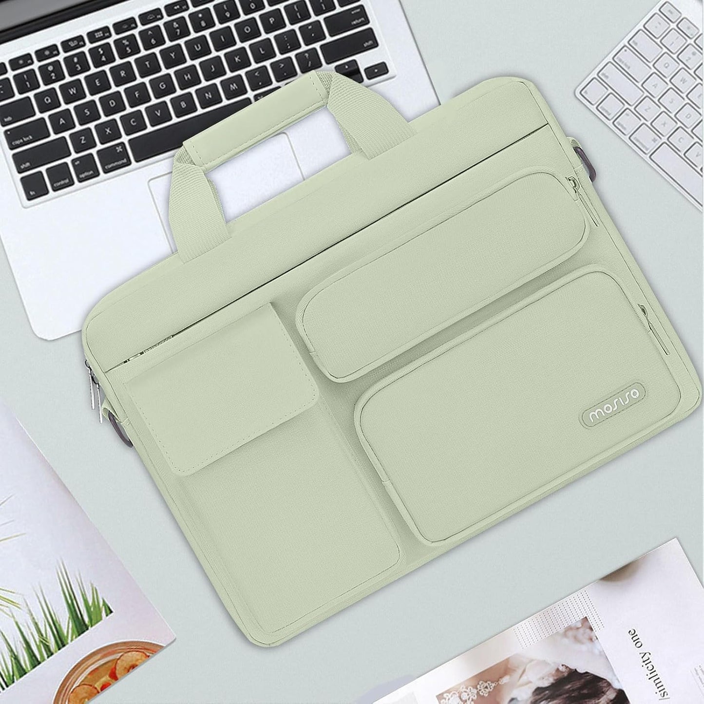 MOSISO Laptop Shoulder Bag, Computer Bag with 2 Raised&1 Flapover&1 Horizontal Pocket&Handle&Belt
