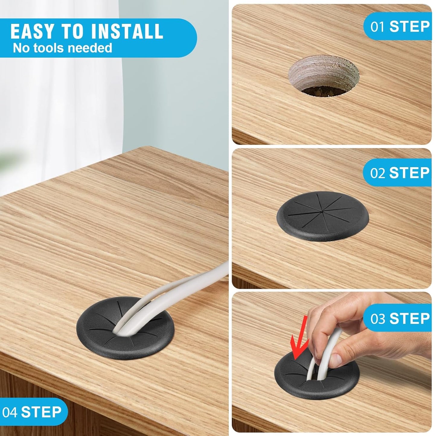 2" Black Desk Grommet, JTemgle Flexible Cable Grommet Rubber Cable Hole Cover Wire Organizer Caps Desktop Cord Management for Home Office TV Stands Tabletops, 5 Pieces