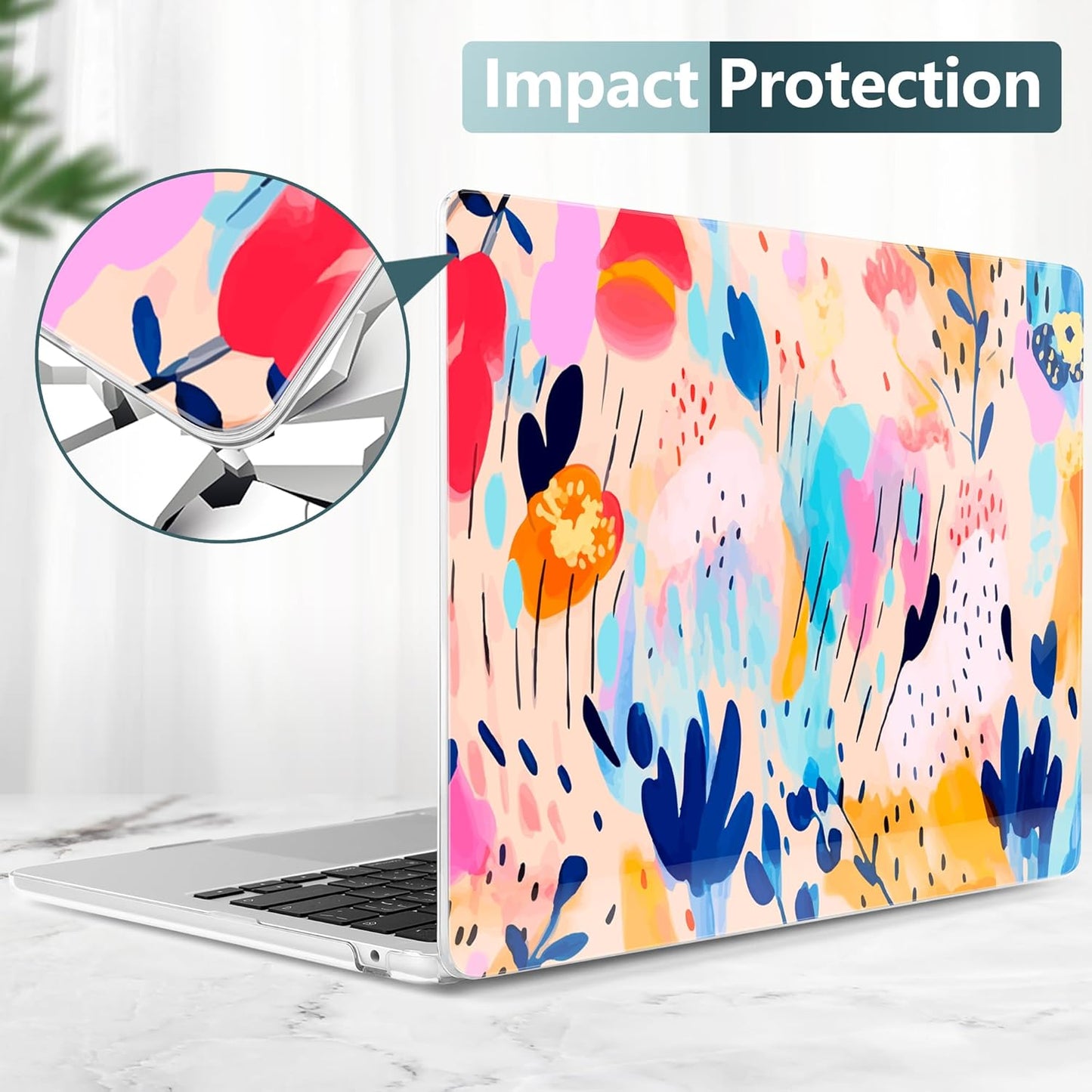 TWOLSKOO Compatible with M4 MacBook Air 15 inch Case 2025-2023 Released Model M4 A3241 M3 A3114 M2 A2941, Plastic Hard Shell & Screen Protector & Keyboard Cover &Type C Adapter, Bright Abstract Floral