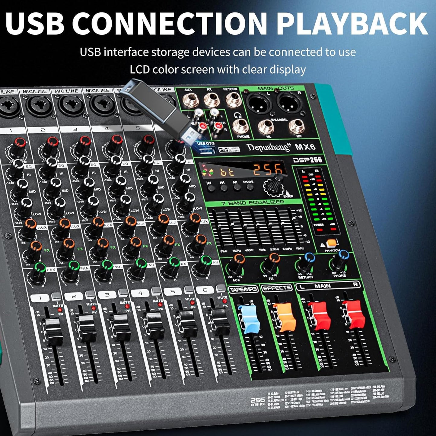 Depusheng MX6 6 Channel Sound Mixer Audio Mixing Console 48V 256DSP Professional USB PC Play Record Podcast Live Broadcast (US MX6)