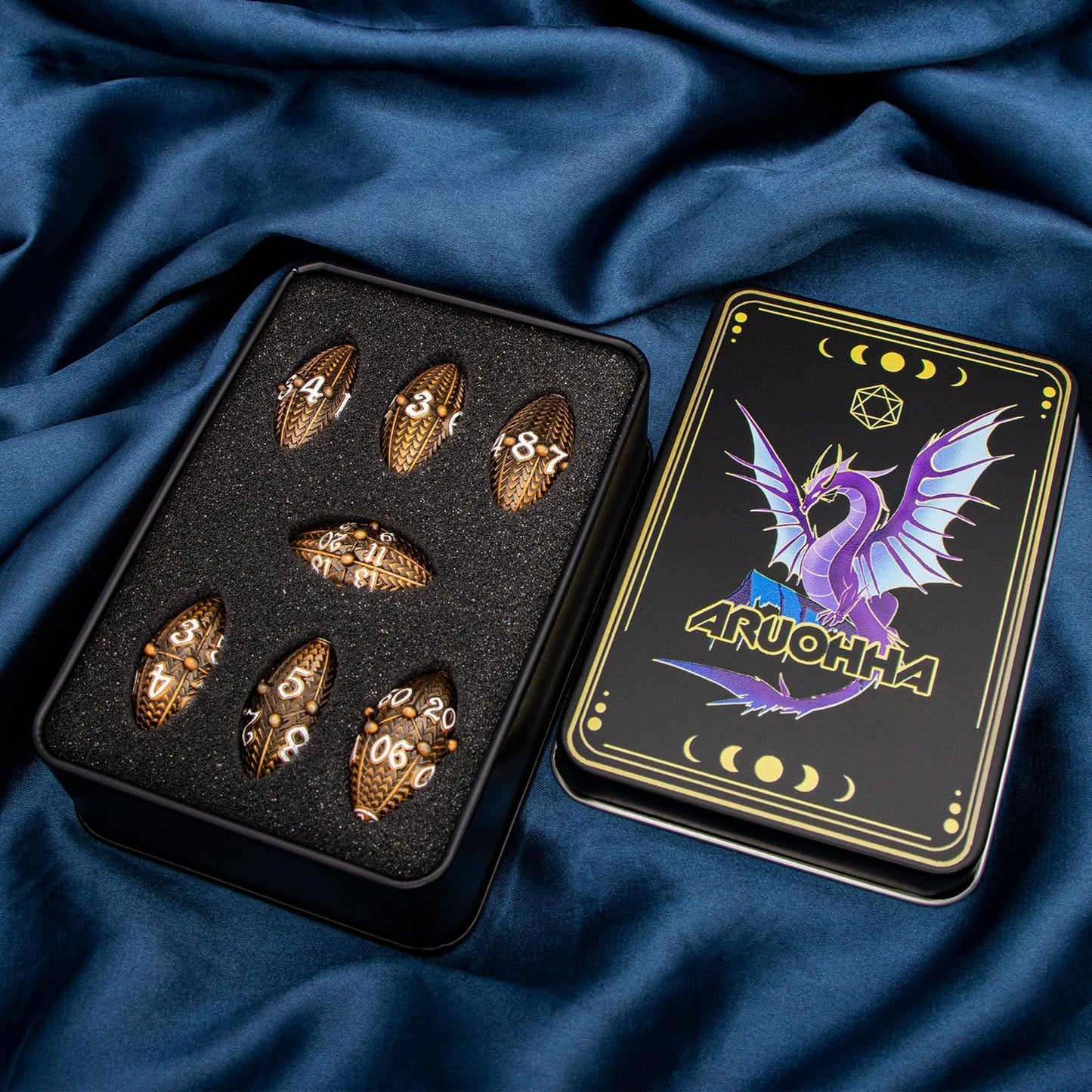 ARUOHHA DND Metal Dice Antique Gold Dragon Egg Dice with Metal Box, Role Playing Game RPG Polyhedral D and D Dice Set D20 D12 D10 D8 D6 D4