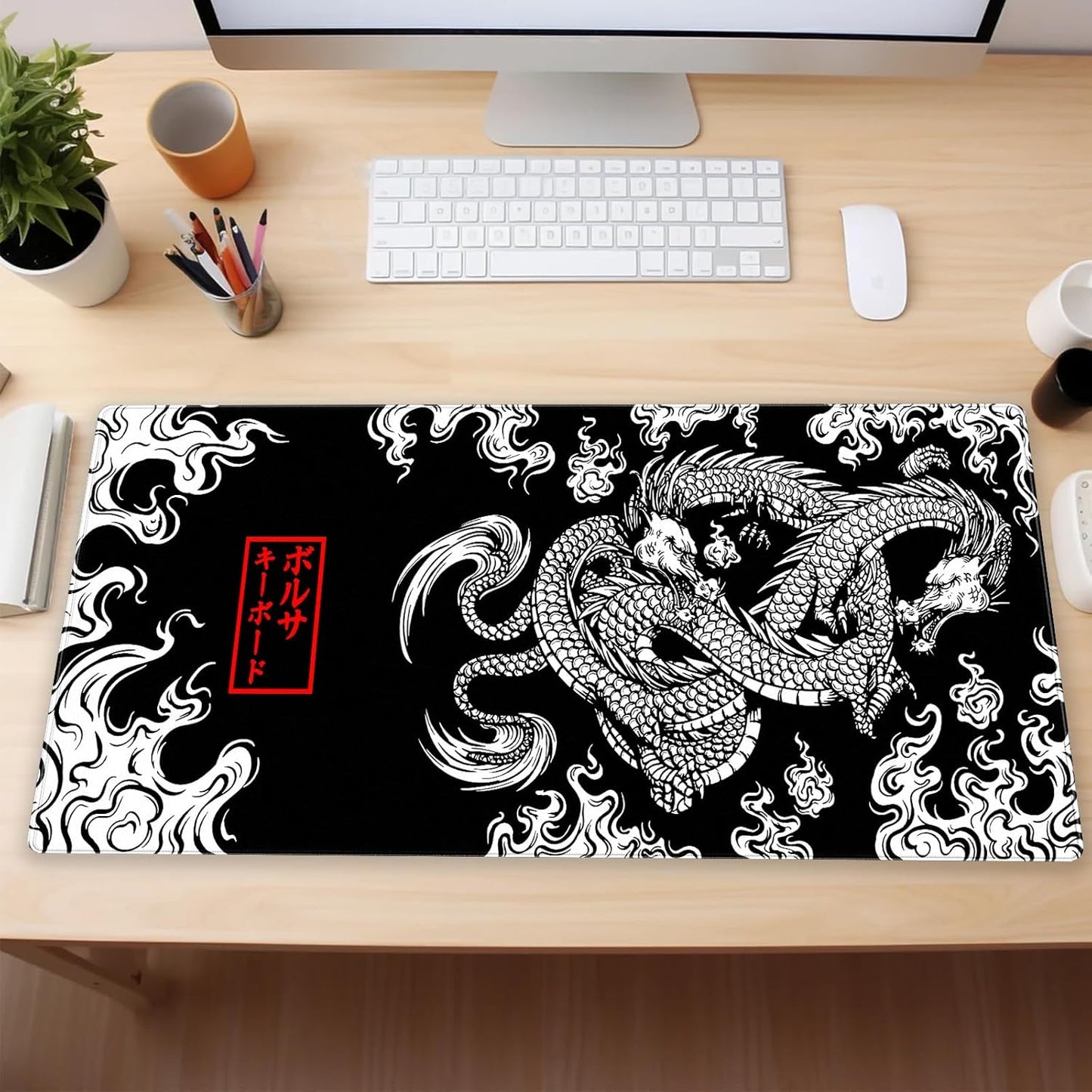 Black and White Mouse Pad Extra Large Gaming Mousepad XL Dragon Desk Mats Japanese Full Desk Keyboard Mat Computer Pad Desk Matt with Stitched Edges Non-Slip Desktop Mat 31.5 x15.7 in