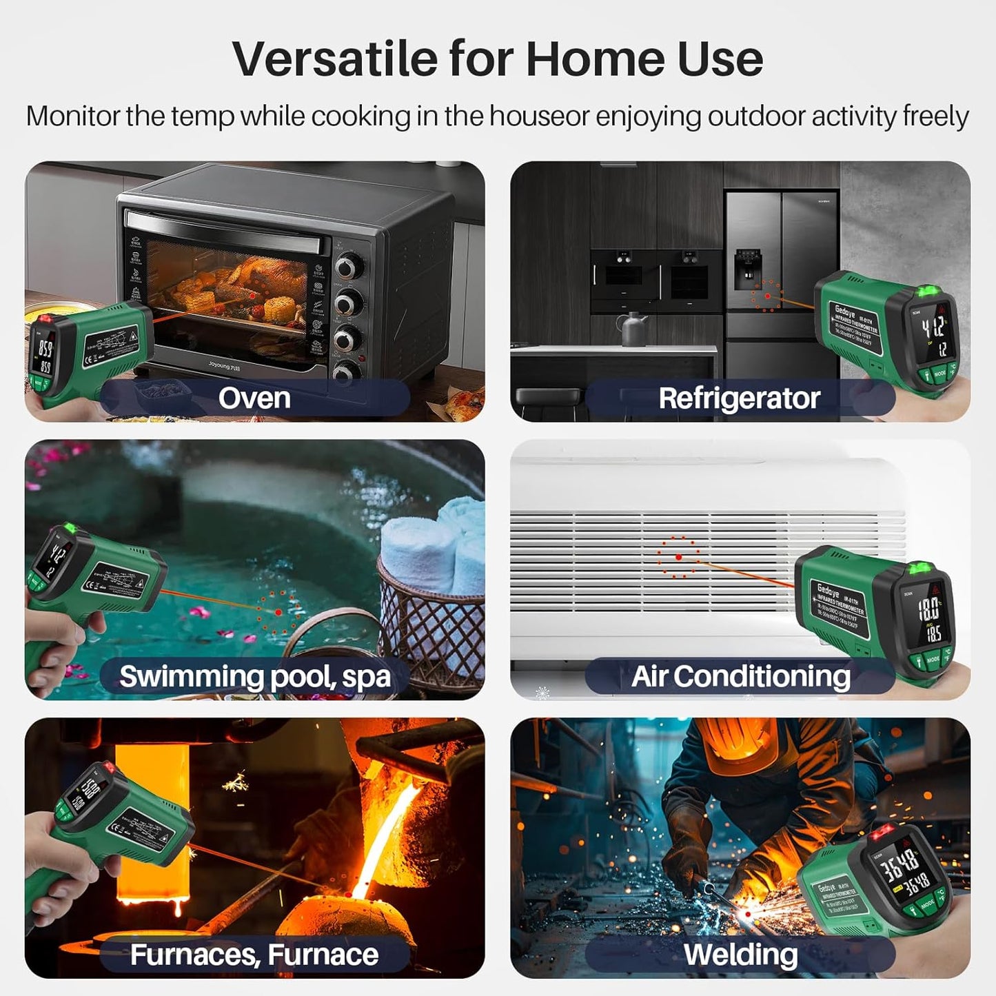 Infrared Thermometer for Cooking, Gedaye Surface Laser Temperature Gun with Laser Pointer 13:1, Metal Probe, Adjustable Emissivity, -58℉ to 1562℉, Thermal Thermometer Gun for Pizza Oven Engine HVAC