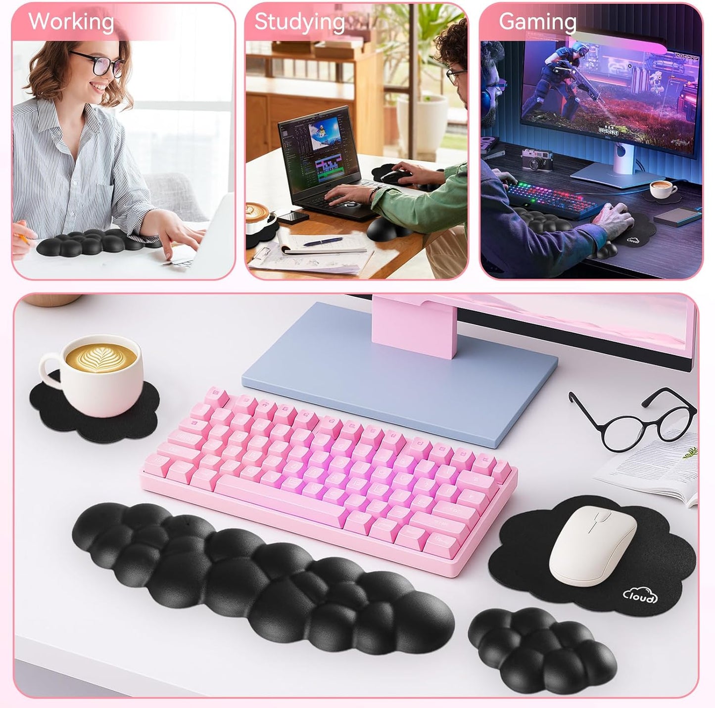 Cloud Wrist Rest for Computer Keyboard, 4-in-1 Memory Foam Leather Cloud Keyboard Wrist Rest and Mouse Pad Set with Ergonomic Support for Arm and Palm Cushion, Gaming/Work Setup, Black
