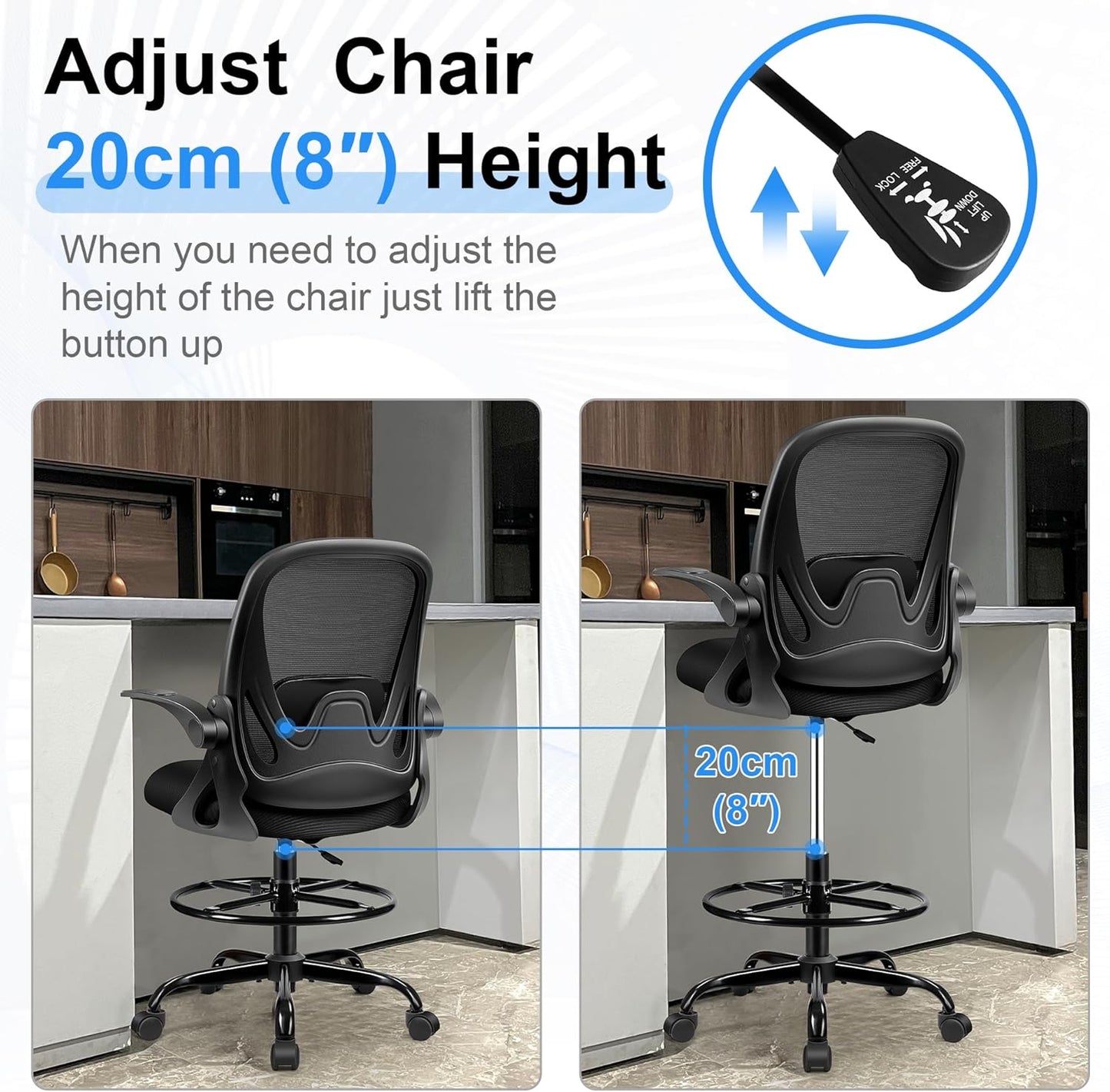 Drafting Chair Tall Office Chair with Flip-up Armrests, Adjustable Height, and Enhanced Lumbar Support - Ergonomic Rolling Stool, Back Support, and Adjustable Foot Rest Ring for Standing Desk Black