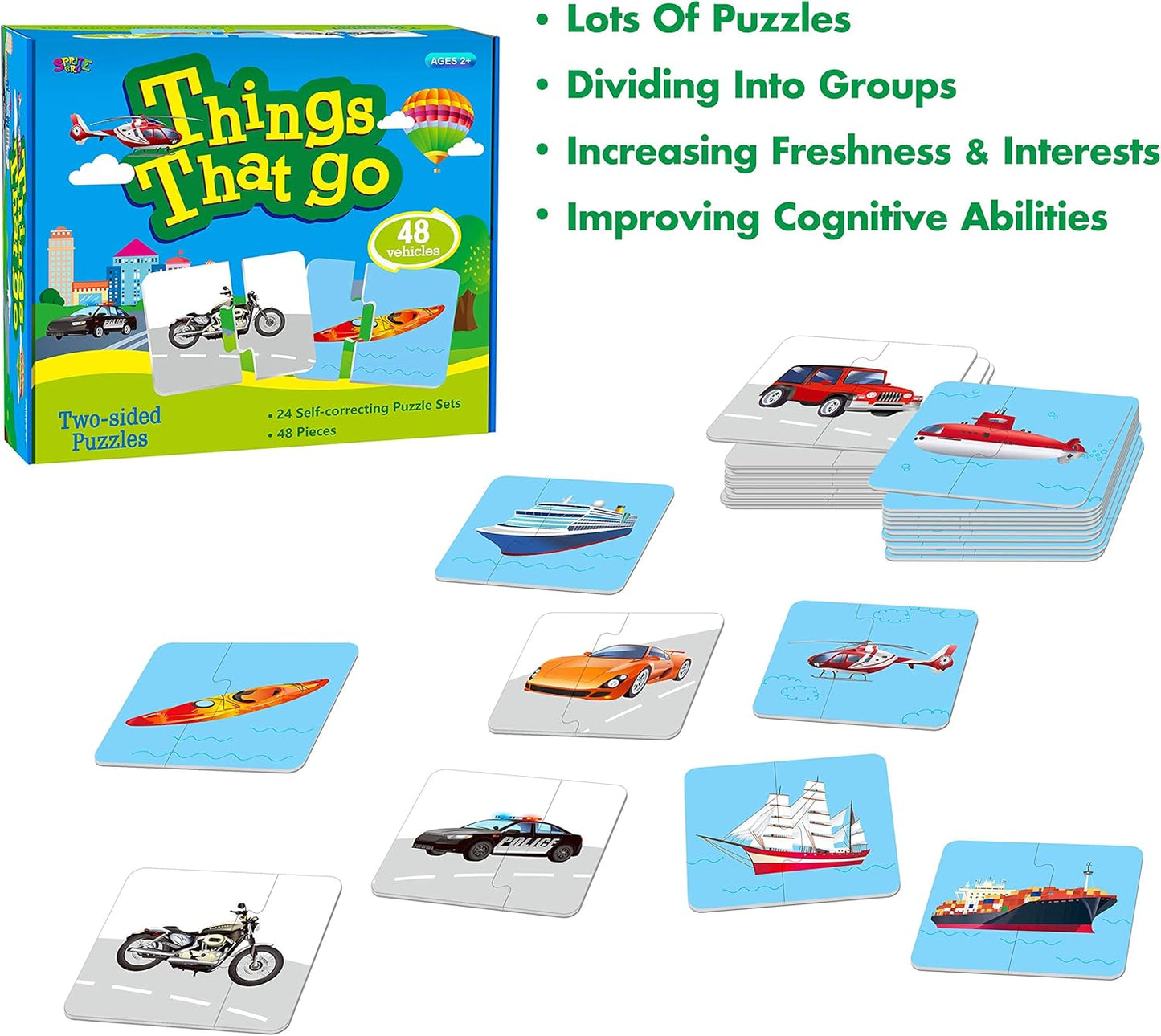 48 Vehicle Matching Puzzles with Error-Correction Mechanism Pre-Primer in 2 Pieces, Perfect for Preschool Learning (24 Blocks Double Sided)