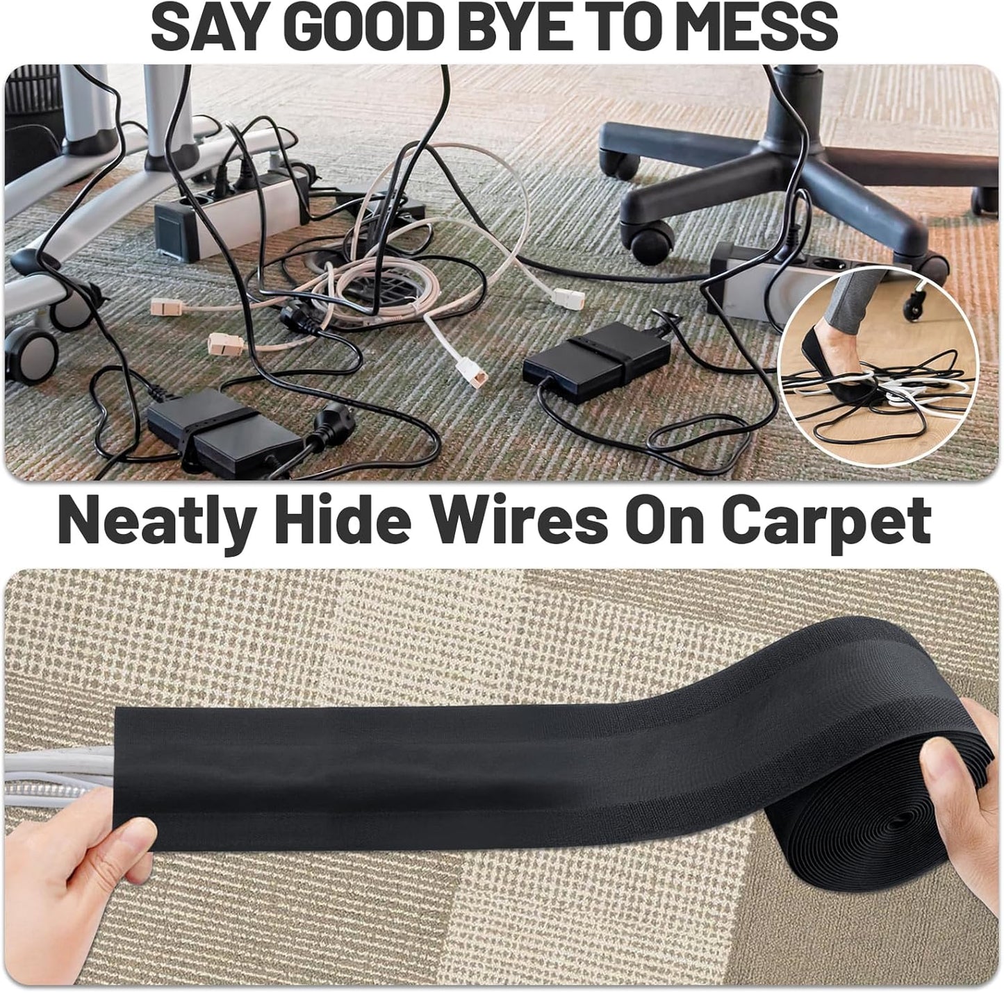 IHKFILAN Carpet Cord Cover Carpet Cable Management Under Desk Cable Grip Strip Black Hook and Loop Tape Cable Polyester Cover Protect Cables to Prevent Tripping Over Wires for Homes & Office (20ft)