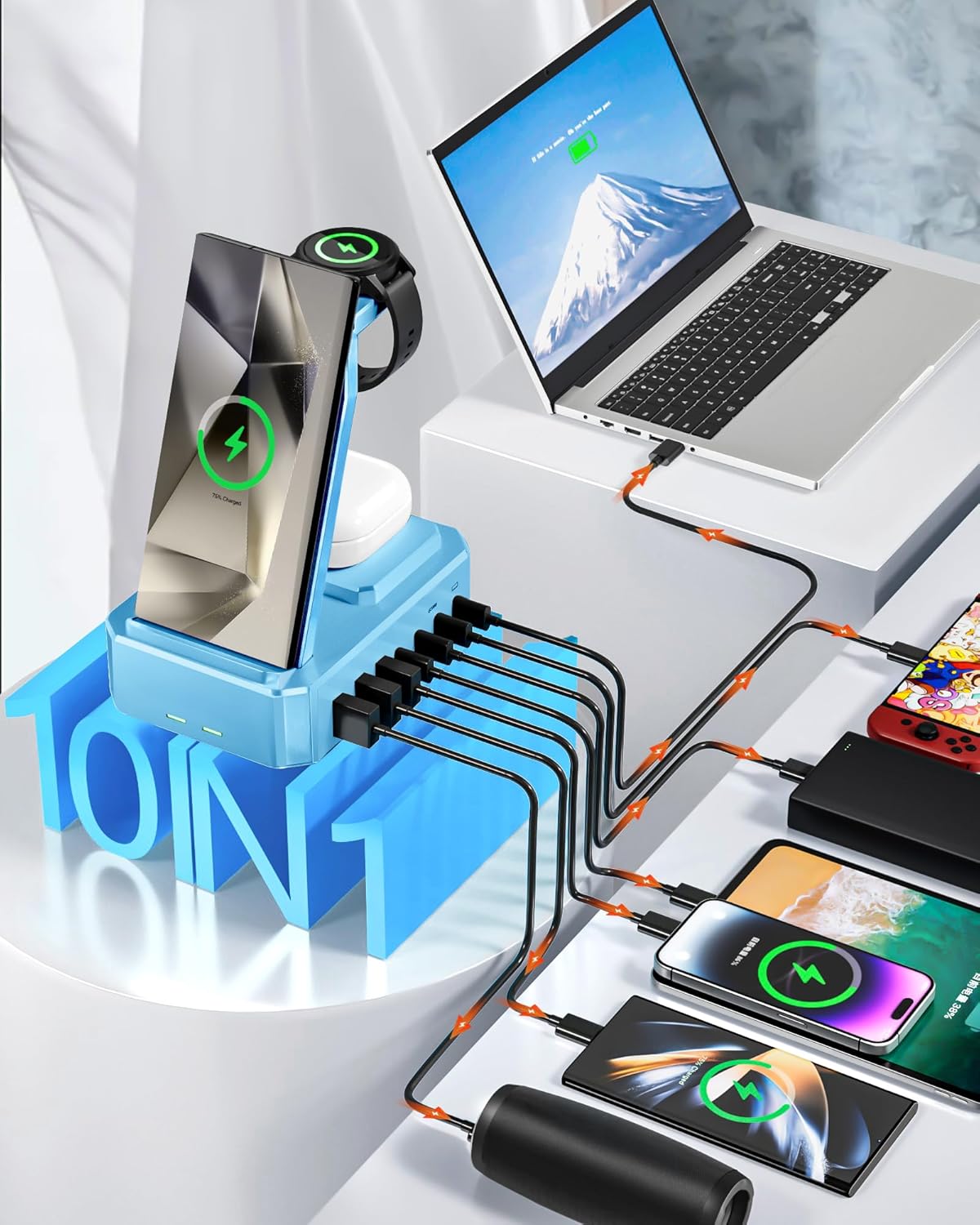 300W Wireless Charger for Samsung,Zutspzss 10 in 1 Wireless Charging Station, 65W USB C Fast Charging Stand for Samsung S25 Ultra/S24/S23/S22/Z Fold,Galaxy Watch Ultra7/6/5,Galaxy Buds,Blue