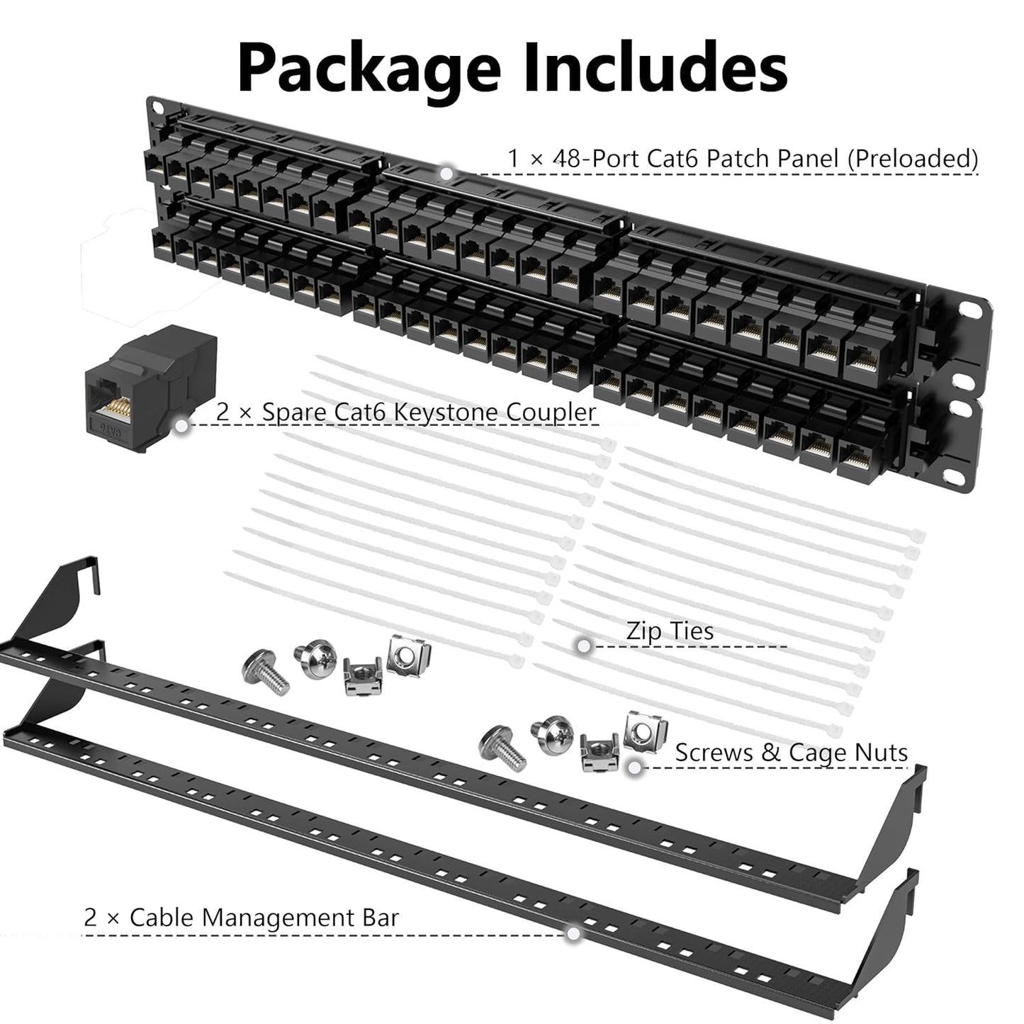 Jadaol 48 Port Patch Panel Rackmount or Wall Mount 19-Inch, 2U Cat6 Network Panel Preloaded with 48 Keystone Couplers plus 2 Spare, 10Gbps Ethernet Patch Panel with Cable Management & Back Support Bar