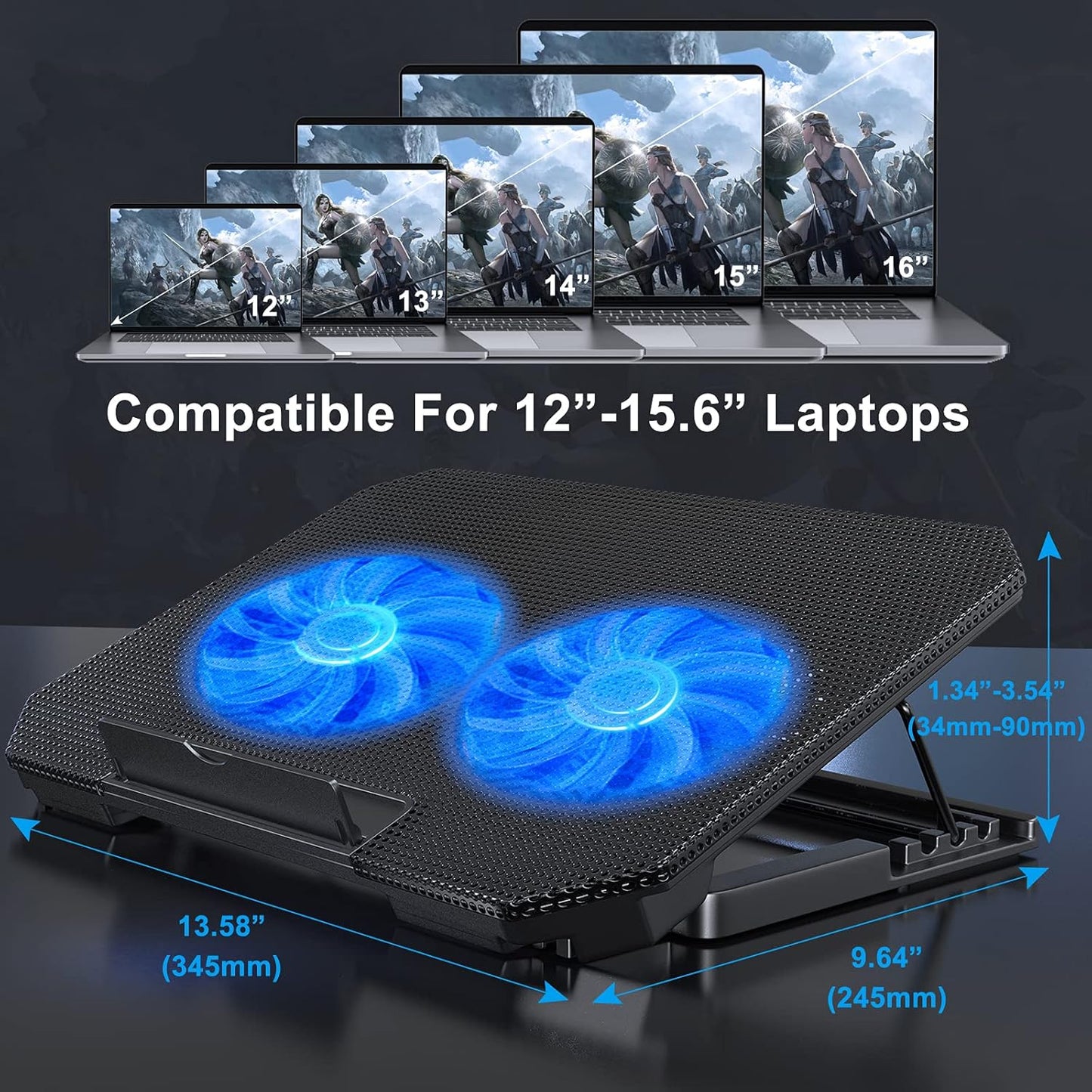 Laptop Cooling Pad with Adjustable Height Two 5.1 Inches Fan 2 USB Ports Suitable for 12"-15.6" Laptops(Black)