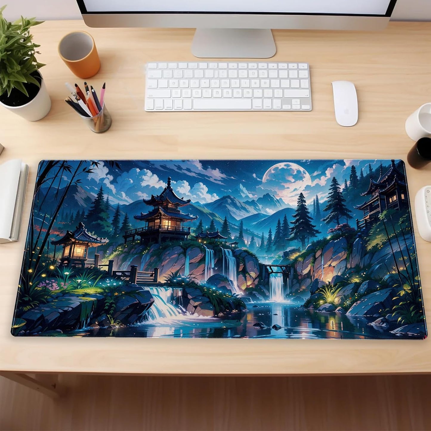 Cloud and Moon Forest Design Extra-Large Gaming Desk Mat XL Extended Keyboard and Mouse Pad for Computer, Laptop, Desktop - 31.5'' x 15.7'' Desk Decor