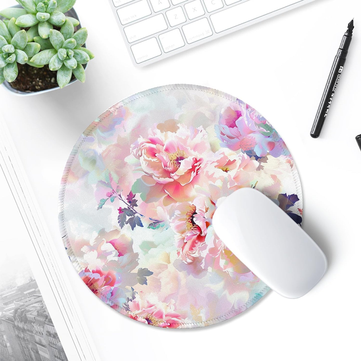 ITNRSIIET Round Mouse Pad with Stitched Edge Premium-Textured Waterproof Non-Slip Rubber Base Desktop Protection Mat Diameter 8.7 inches, Beautiful Flowers