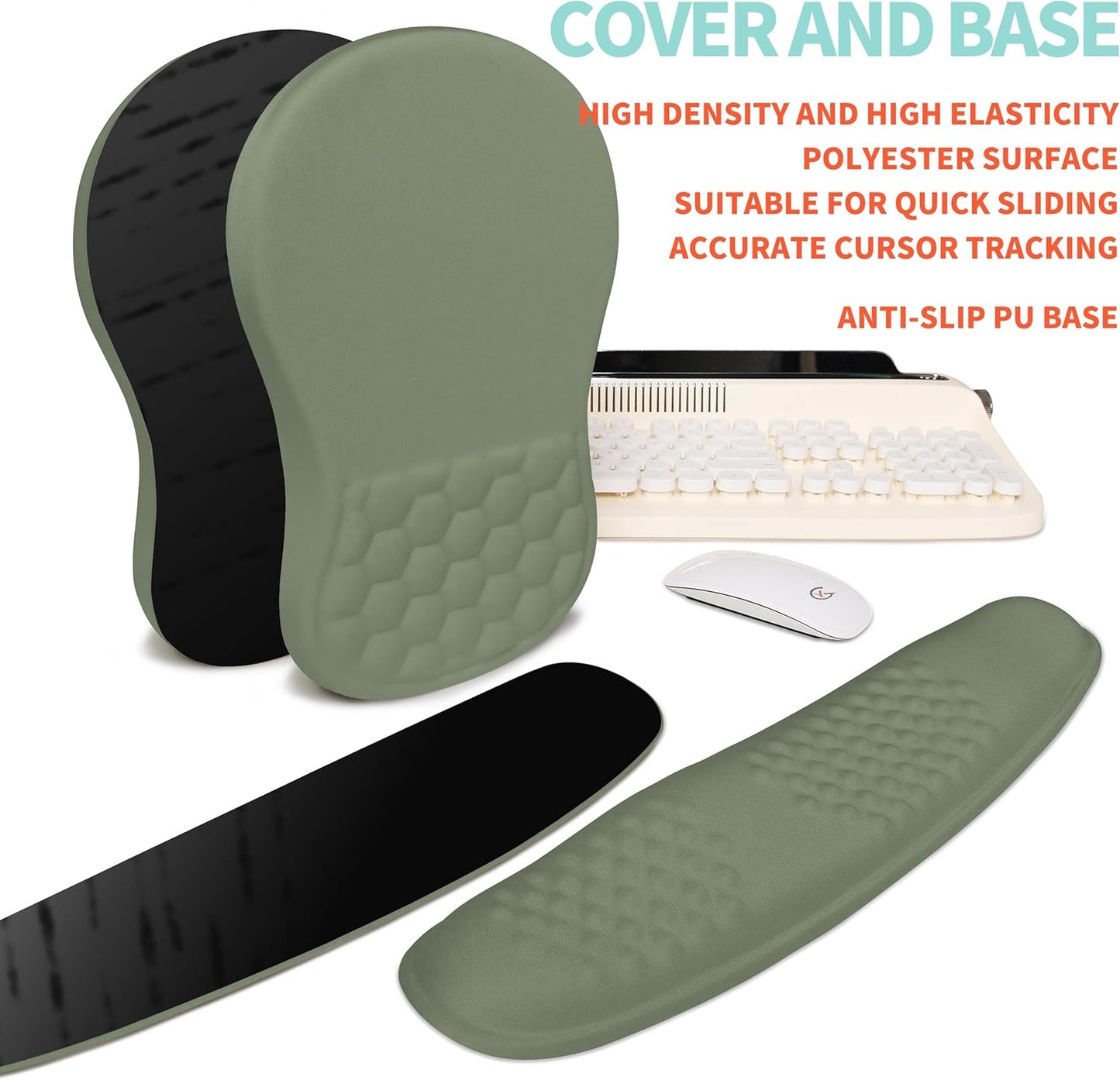 2-in-1 Ergonomic Set, Wave Rise Keyboard Wrist Rest and Massage Bulge Slope Mouse Pad Wrist Support, Cushion Memory Foam Integrated to Relieve Wrist Pain, Olive Green