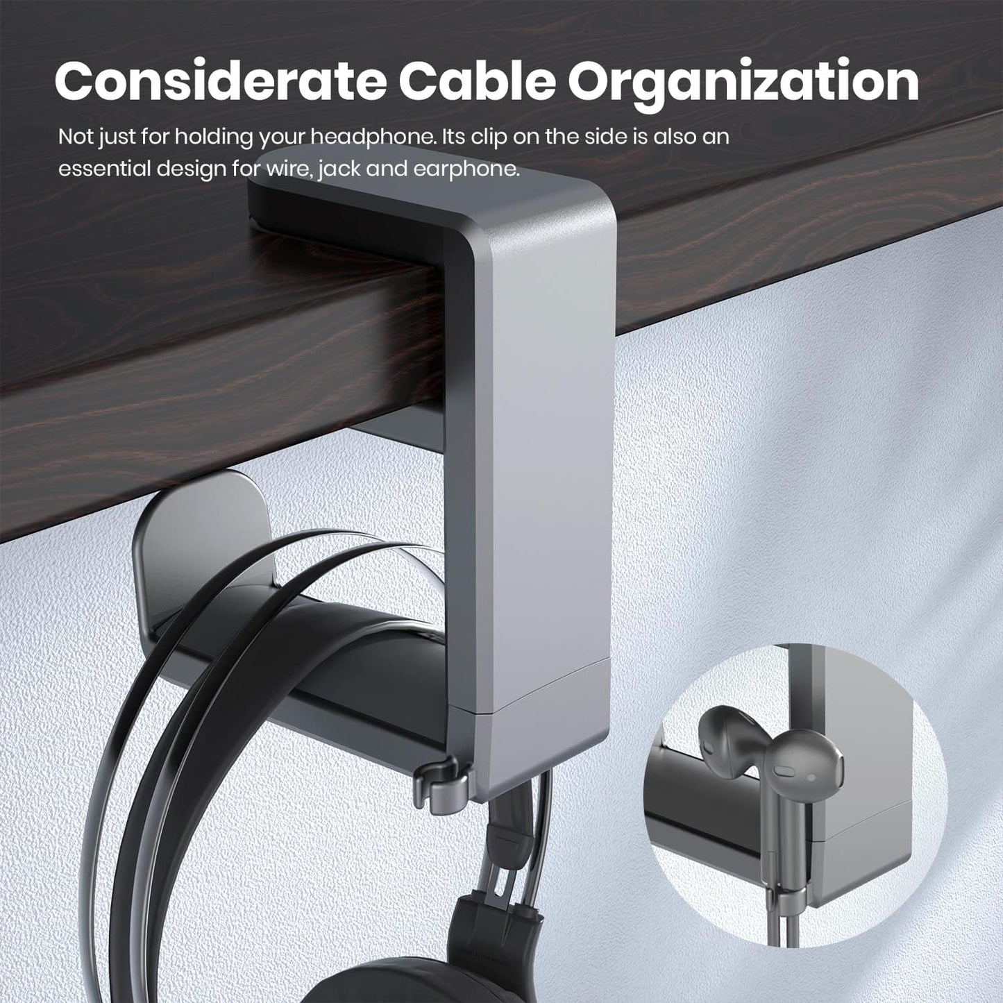 EURPMASK PC Gaming Headset Stand - Adjustable Clamp-on Headphone Holder, 360 Degree Swivel & Cable Clip Organizer - Space Grey