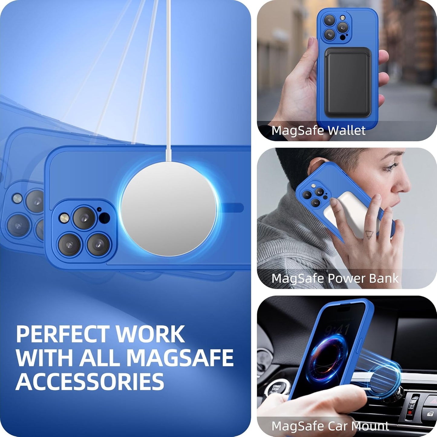 BERFY Magnetic for iPhone 14 Pro Max Case, Compatible with MagSafe, Built-in Privacy Screen Protector and Upgraded Camera Protection, Anti-Spy Full Body Shockproof Phone Case for 14 Pro Max,Klein Blue