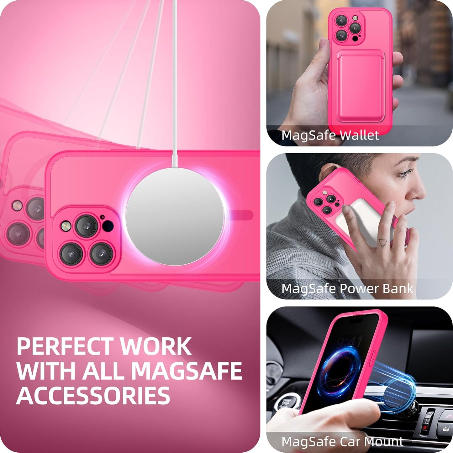 BERFY Magnetic for iPhone 14 Pro Max Case,Compatible with MagSafe,Built-in Privacy Screen Protector and Upgraded Camera Protection,Anti-Spy Full Body Shockproof Phone Case for 14 Pro Max 6.7",Hot Pink