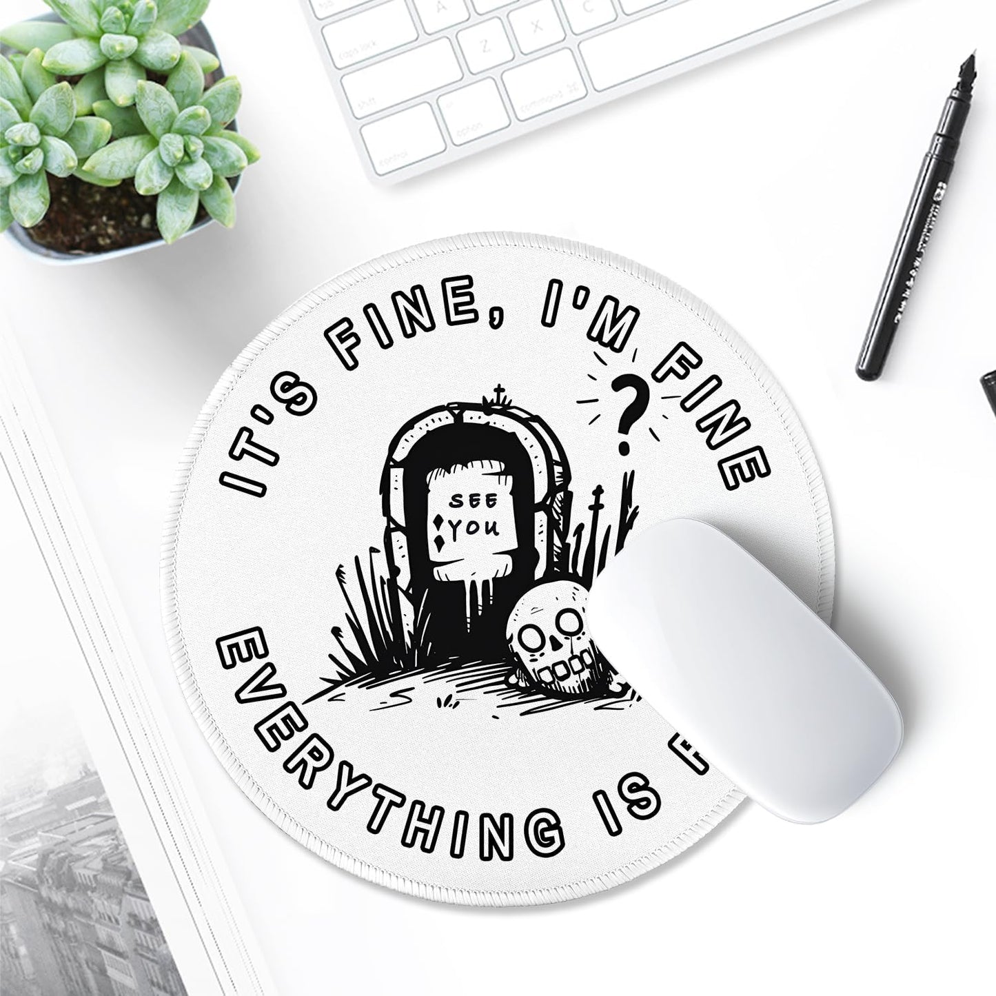 ITNRSIIET Round Mouse Pad with Stitched Edge Premium-Textured Waterproof Non-Slip Rubber Base Desktop Protection Mat Diameter 8.7 inches, Humorous Tombstone