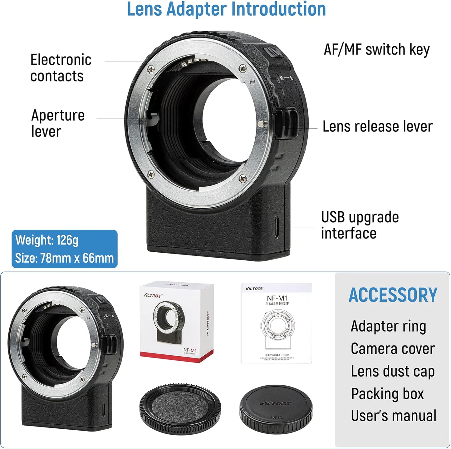 VILTROX NF-M1 Lens Adapter, Auto Focus Lens Converter Ring Camera Lens Mount Adapter Compatible with Nikon F-Mount AF AF-S AF-P AF-I Lens to M4/3 Mount Camera(Olympus/BMPCC)