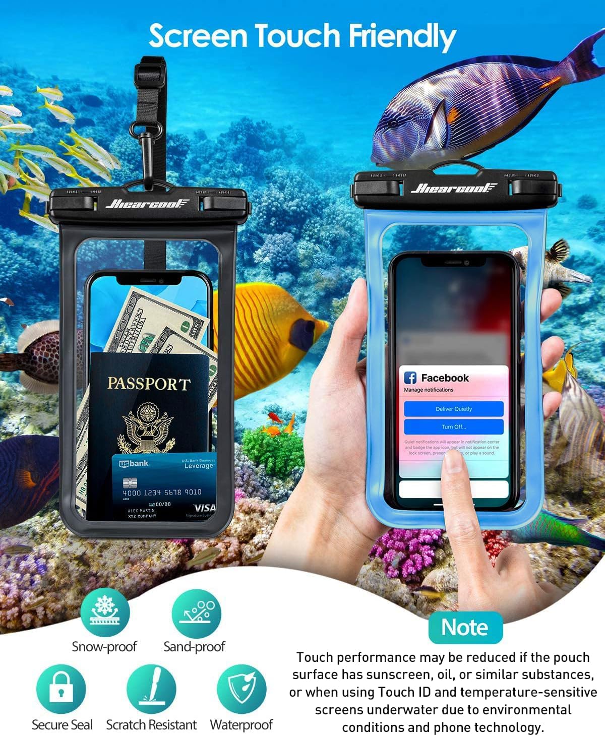 Hiearcool Waterproof Phone Pouch, Waterproof Beach Bag Compatible for iPhone 16 15 14 13 Pro Max, IPX8 Cellphone Travel Essentials for Beach -Black & Sky Blue-2Pack