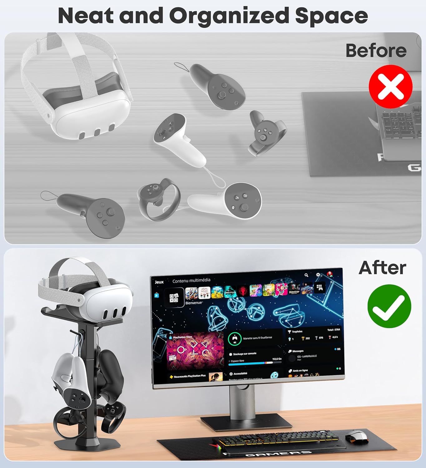 Headphone & Controller Stand with VR Headset Holder for Desk, Universal Gaming Controller & Headset Holder for PS5/Xbox/PSVR2/Meta Quest Pro/3/2, Headphone/Controller/VR Storage with Cable Organizer