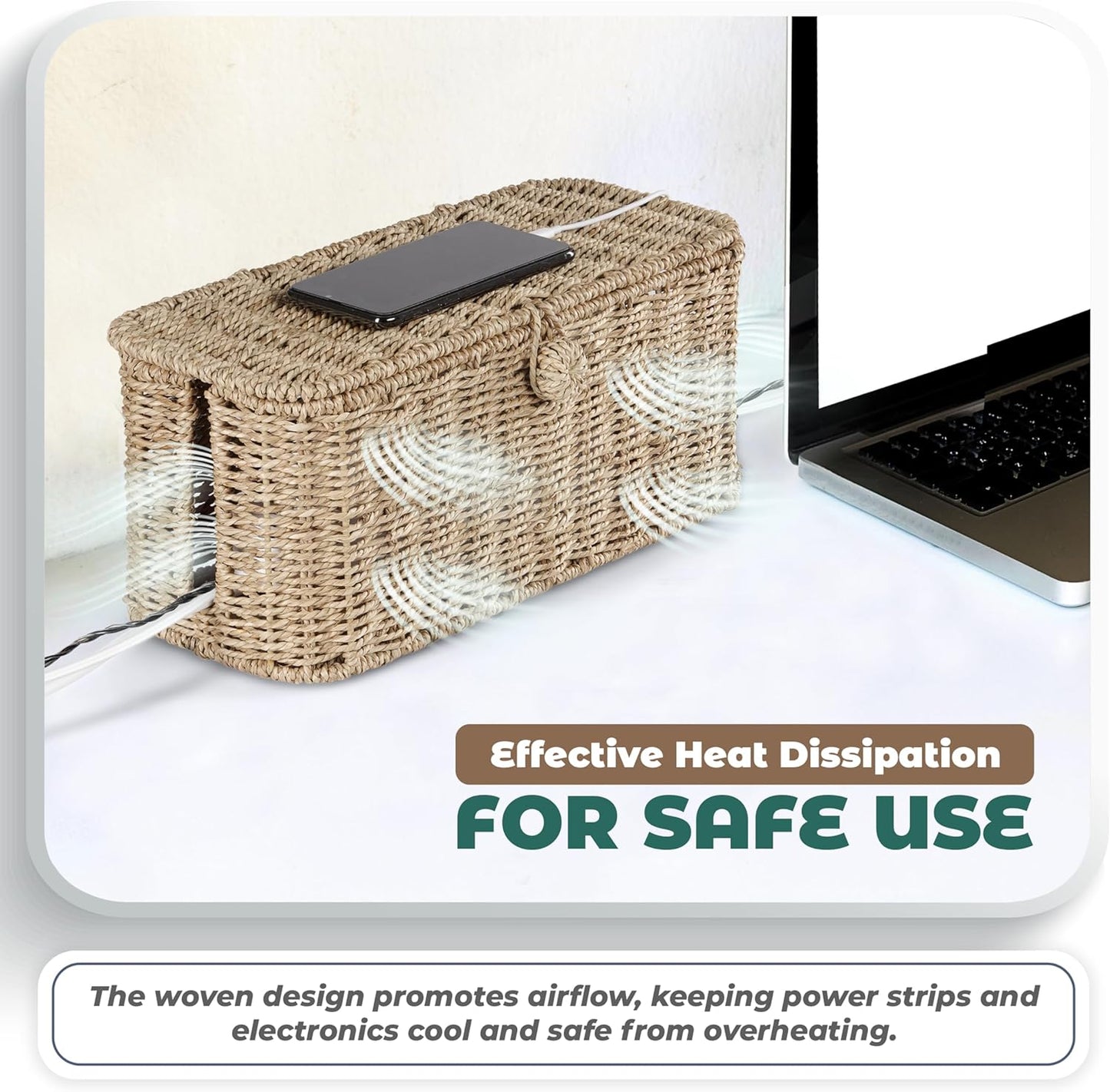 BLUEWEST Large Cable Management Box, Natural Rattan Cable Cord Organizer Boxes for Power Strip β 2 Open Slots Cords Hider Box for TV Wires, Computer, Router, USB Hub and Under Desk Power Strip