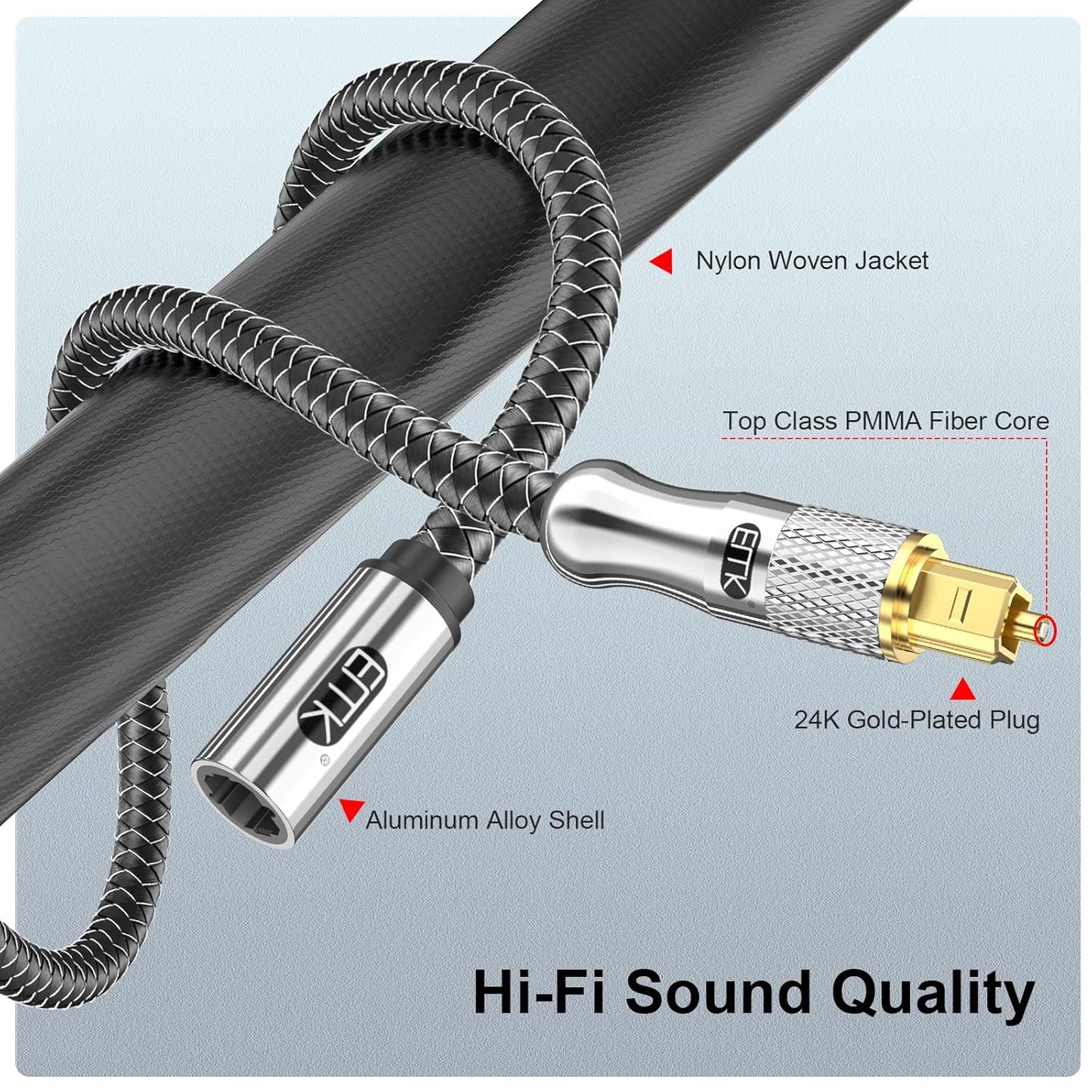 EMK Optical Cable Extension, 24K Gold-Plated Optical Audio Cable Toslink Female to Male Audio Extended Cable Compatible for Sound Bar,Home Theater (3 Feet/1M, Optic Extension, Silver2)