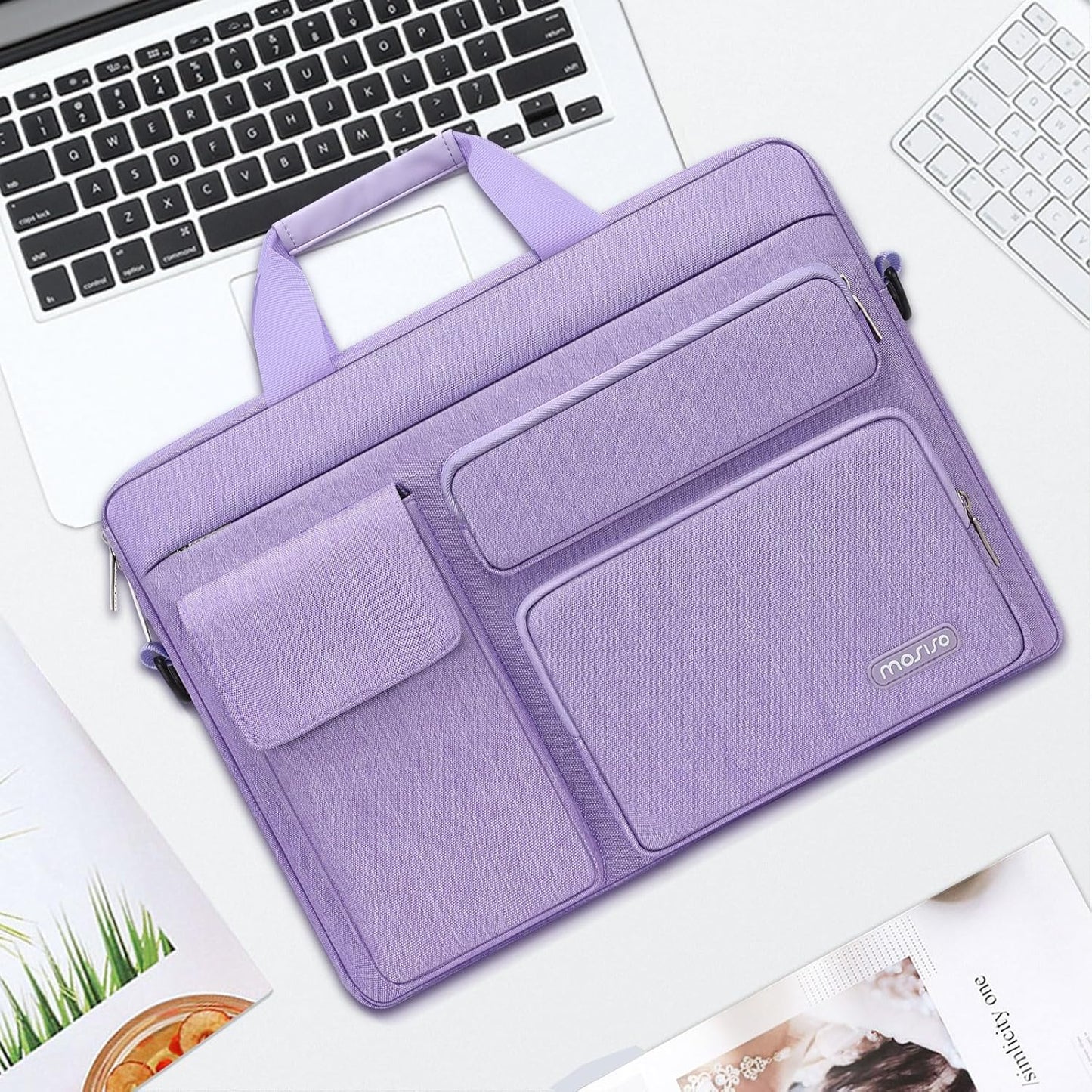 MOSISO Laptop Shoulder Bag, Computer Bag with 2 Raised&1 Flapover&1 Horizontal Pocket&Handle&Belt