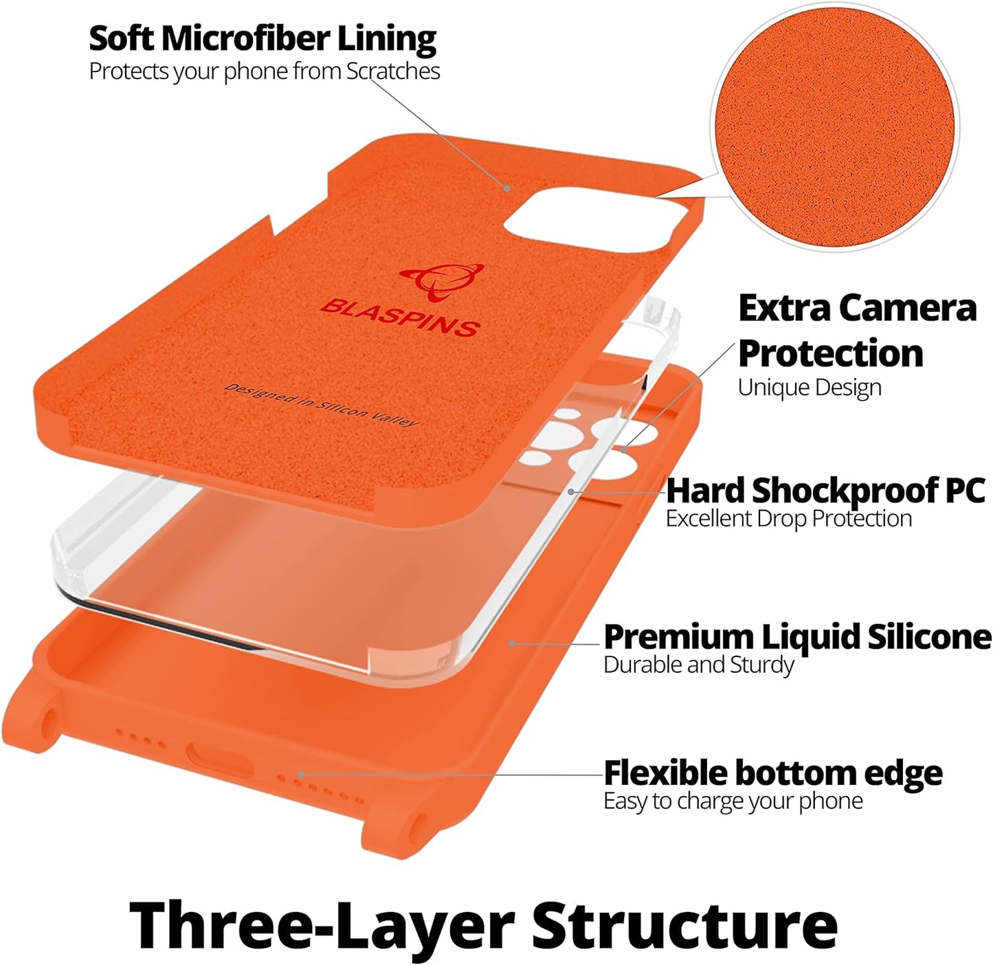 Blaspins Crossbody Lanyard Strap Case for iPhone 13 Mini, Neck Cross Body, Adjustable Holder Removable, Drop Protection Shockproof, Hands-Free Silicone Case 5.4 inch, 150 cm Strap, iP13mini - Orange