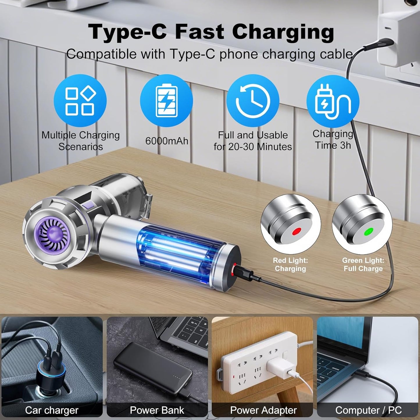 Car Vacuum Portable Cordless, 18000pa Mini Vacuum Cleaner, 4 in 1 Handheld Vacuum Cordless Rechargeable, 120W High Power Hand Held Vacuum Cleaner With LED Light Multi-nozzles for Car Home Office Pet