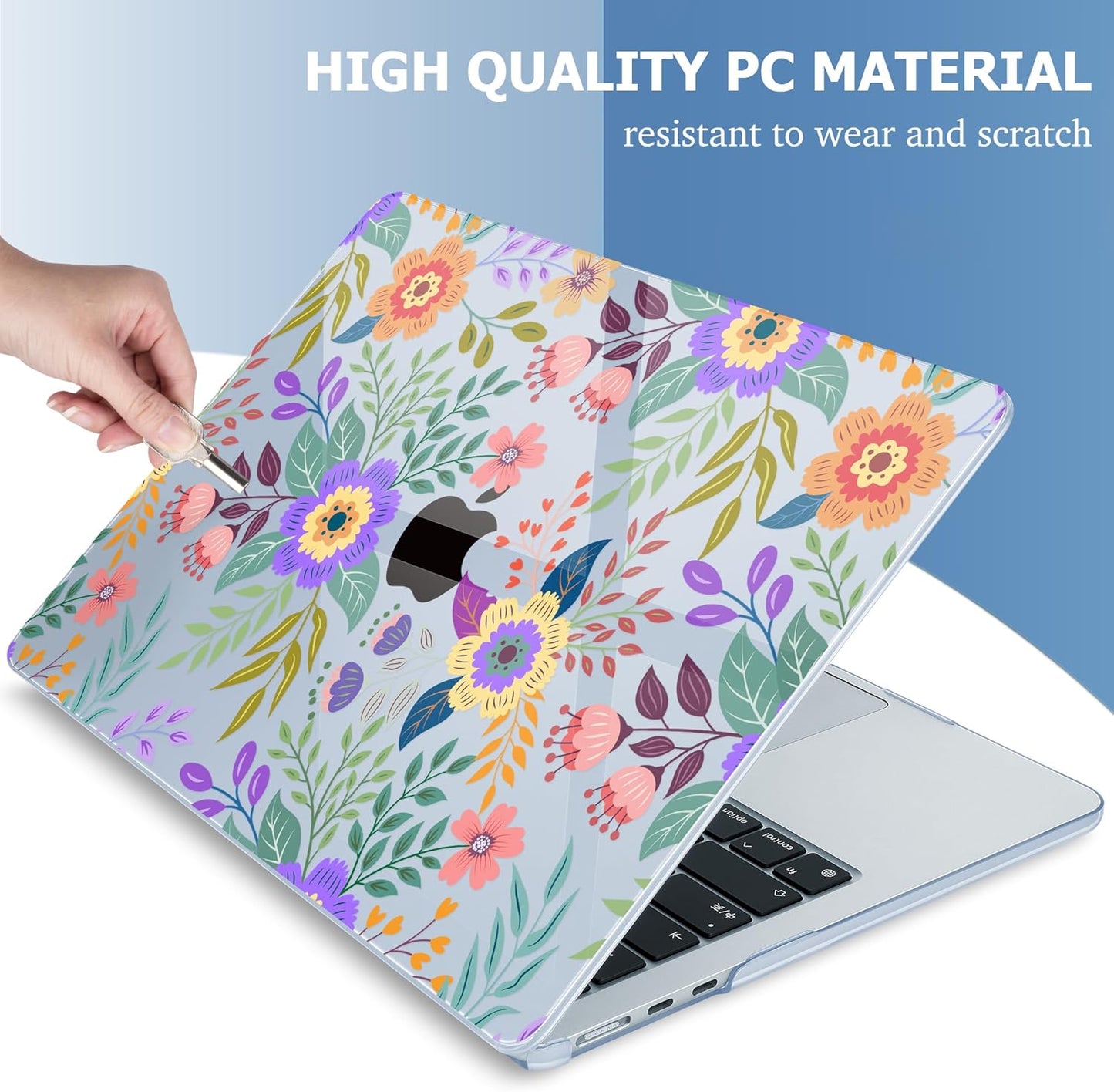Mektron for 2025 MacBook Air 15 inch M4 Case A3241/ 2024 M3 A3114/ 2023 A2941 M2 Hard Printed Case with 15.3 Liquid Retina Display Touch ID, Plastic Hard Cover & Keyboard Skin- Floral C139-Blue