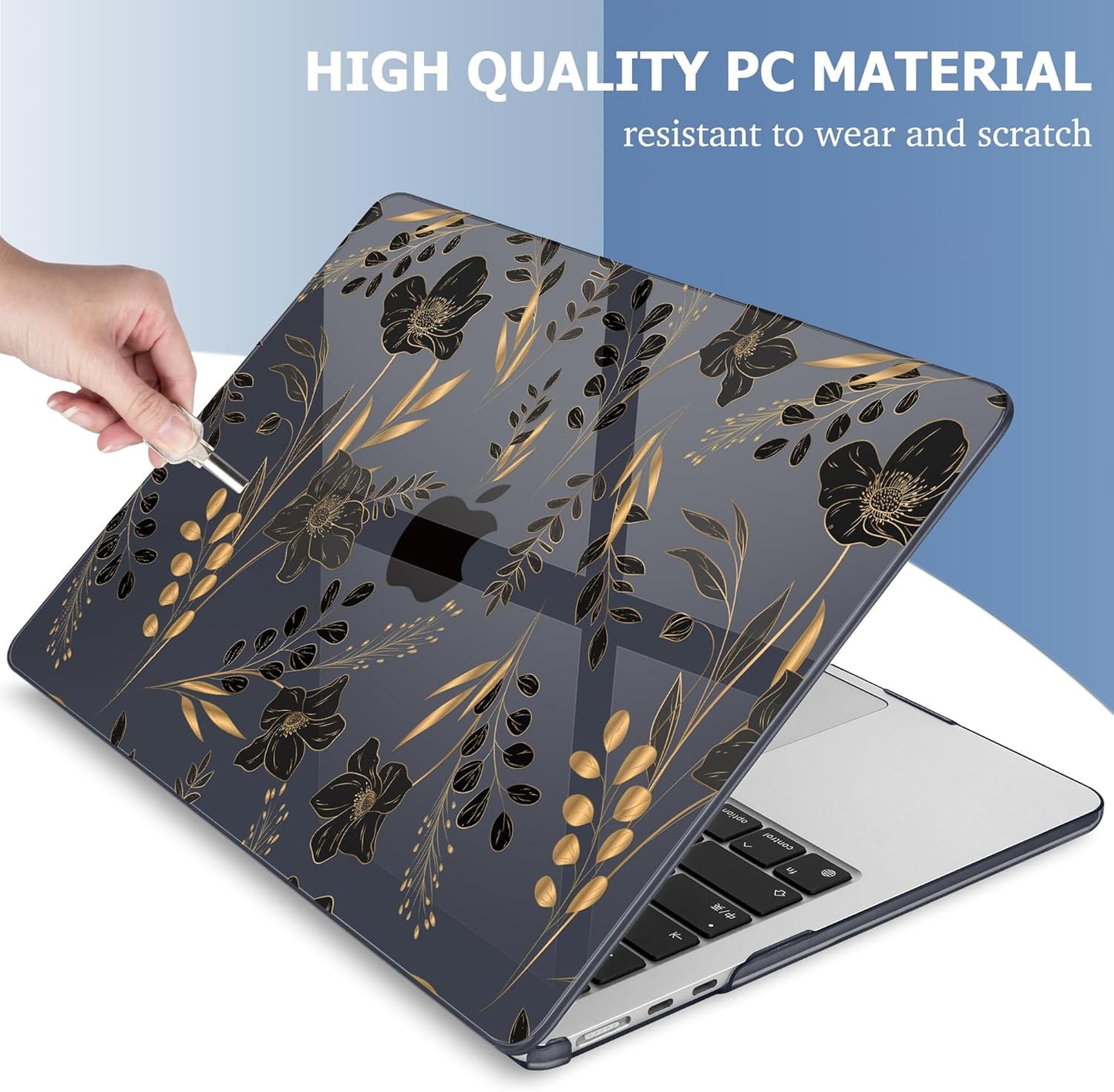 Mektron Compatible with M4 MacBook Air 15 inch Case 2025 A3241 2024 2023 M3 A3114 A2941 M2 Liquid Retina Display Touch ID, Plastic Hard Case & Keyboard Skin & Screen Protector - Gold Floral