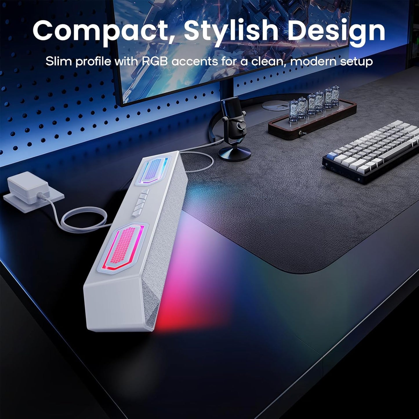 Deeyaple Computer Speakers, 40W Wireless Soundbar for Desktop PC with Bluetooth 5.3 & USB Audio, Dynamic RGB Lighting, Software Custom EQ, External Power Adapter Gaming Speakers, Laptop, Xbox White