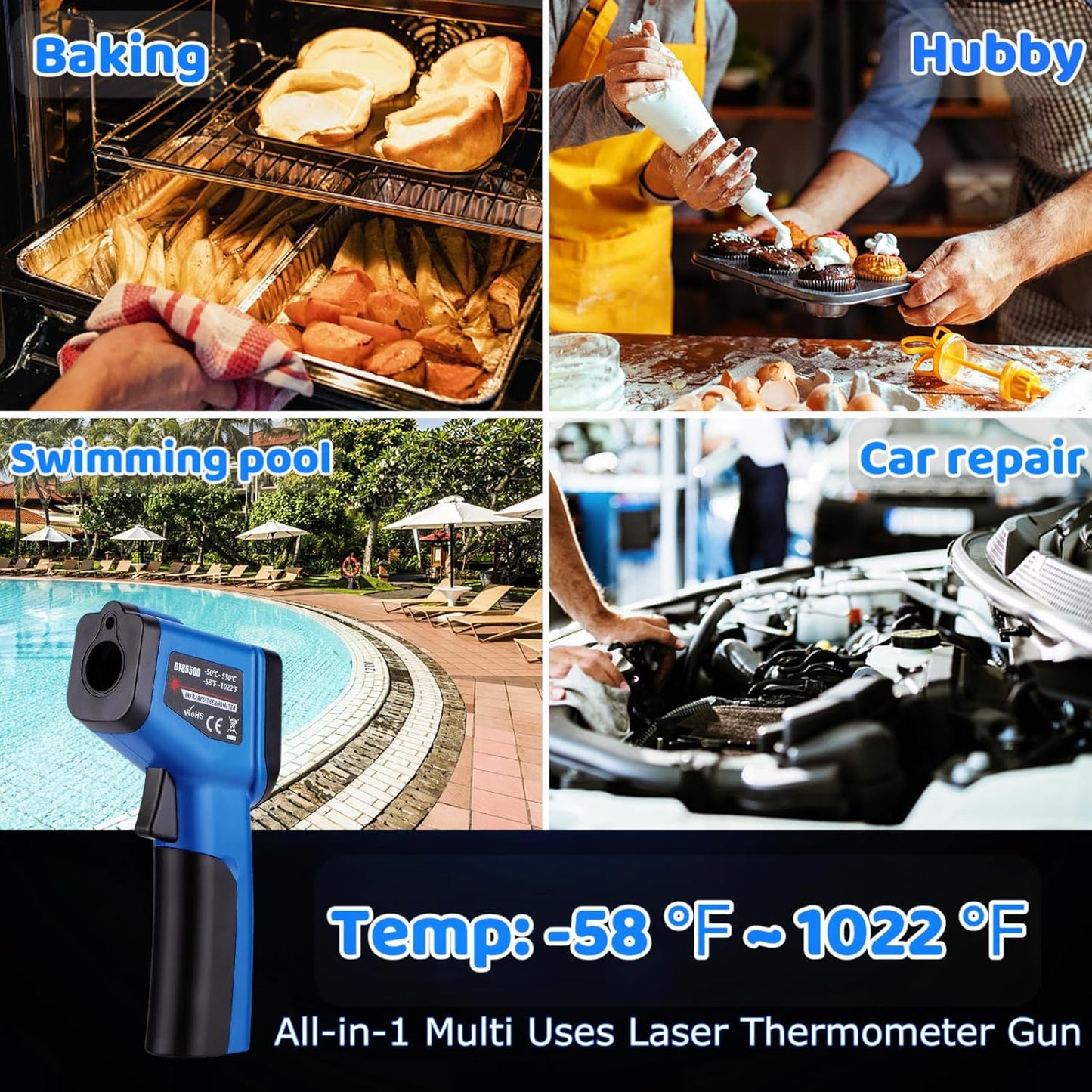 Infrared Thermometer Gun for Cooking, -58℉~1022℉, Digital Laser Temperature Gun for Deep Frying, Pizza, Blackstone, Reptiles, IR Thermometer with Carrying Storage Case, Larger Font, LCD Backlit, Blue