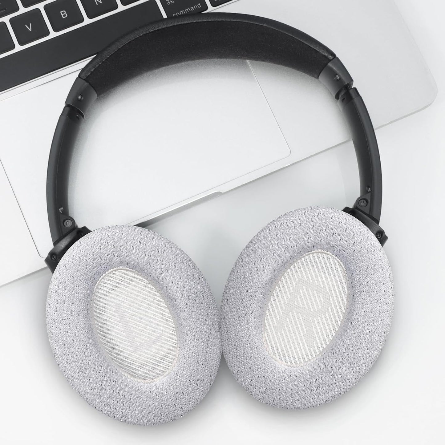 Cooling Gel Headphones Replacement Ear Pads for Bose Quiet Comfort QC35, Mesh Soccer Net Fabric Breathable Sports Fabric, Extra Thick & Cooler for Longer, Softer Memory Foam - White
